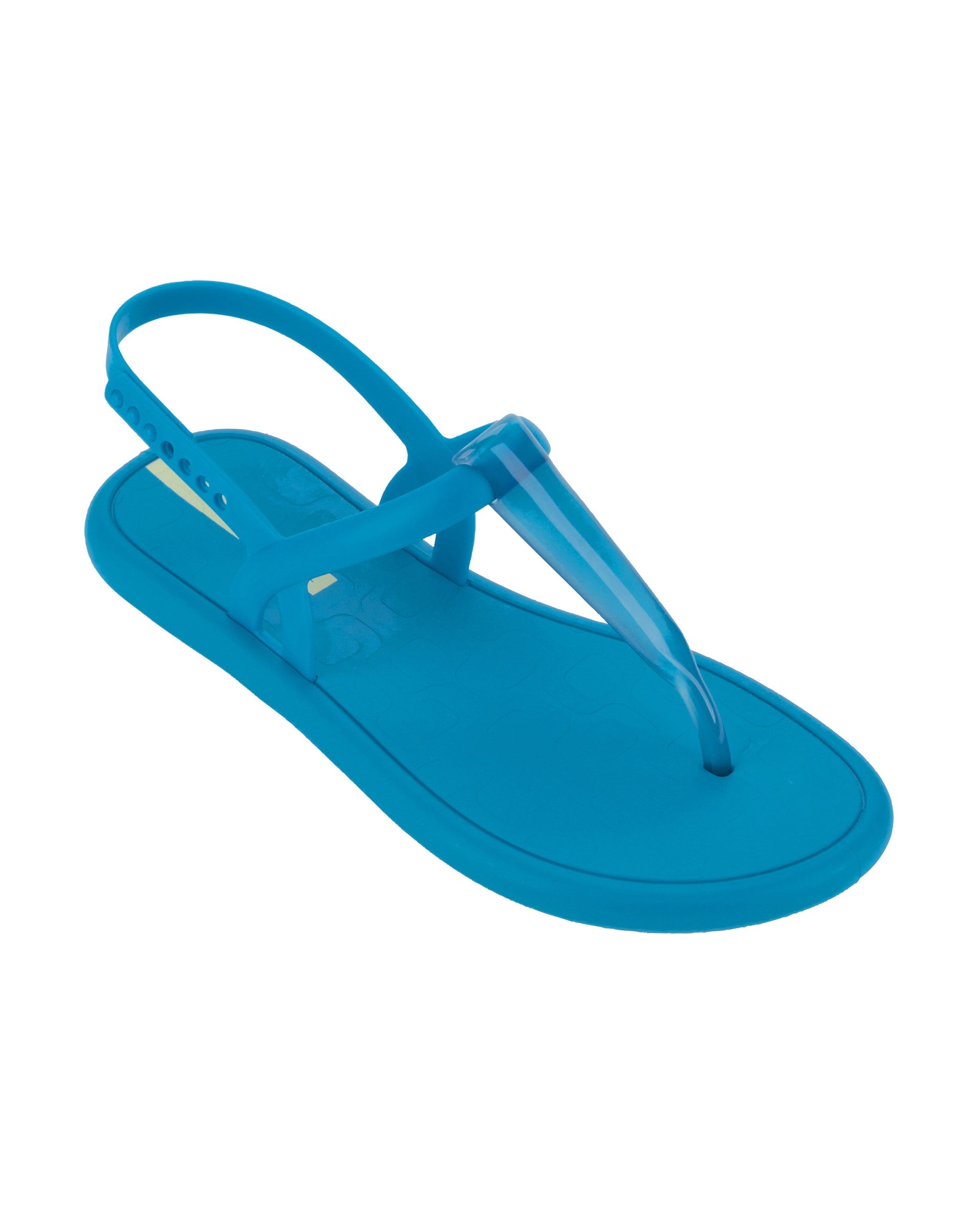 Angled view of a blue Ipanema Glossy women's t-strap sandal.