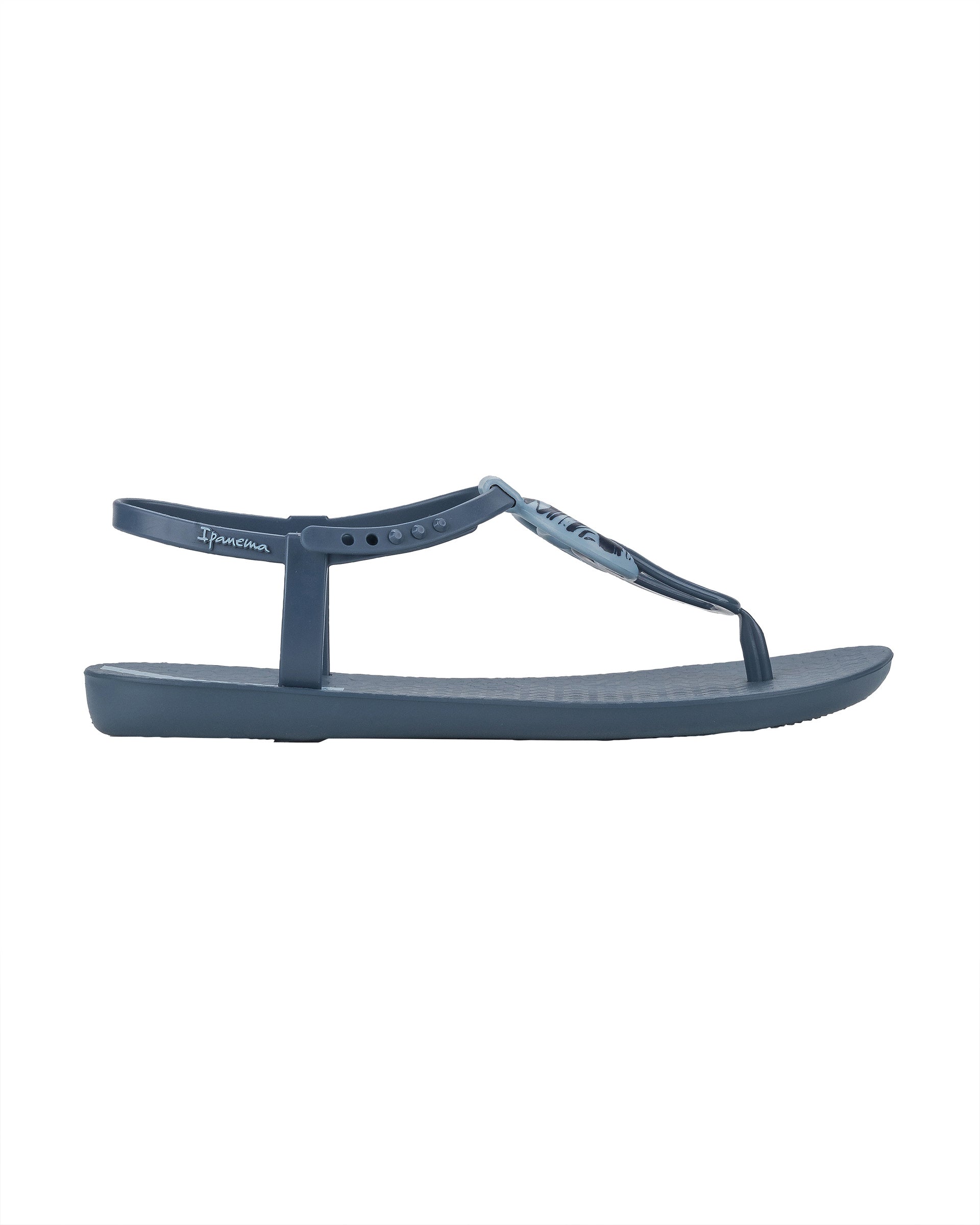 Outer side view of a blue Ipanema Class Marble women's t-strap sandal.