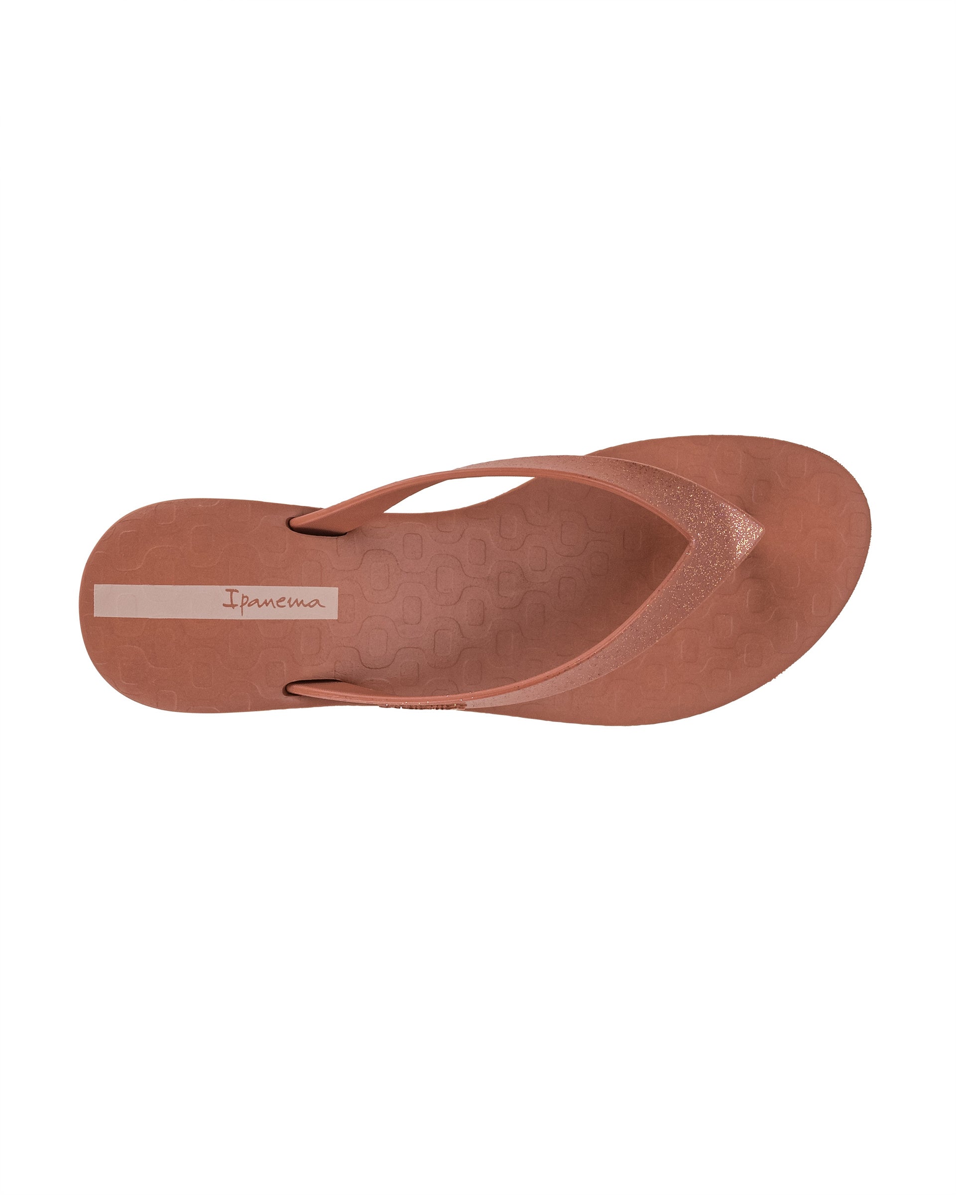 Top view of a pink Ipanema Selfie women's wedge flip flop with glitter pink straps.