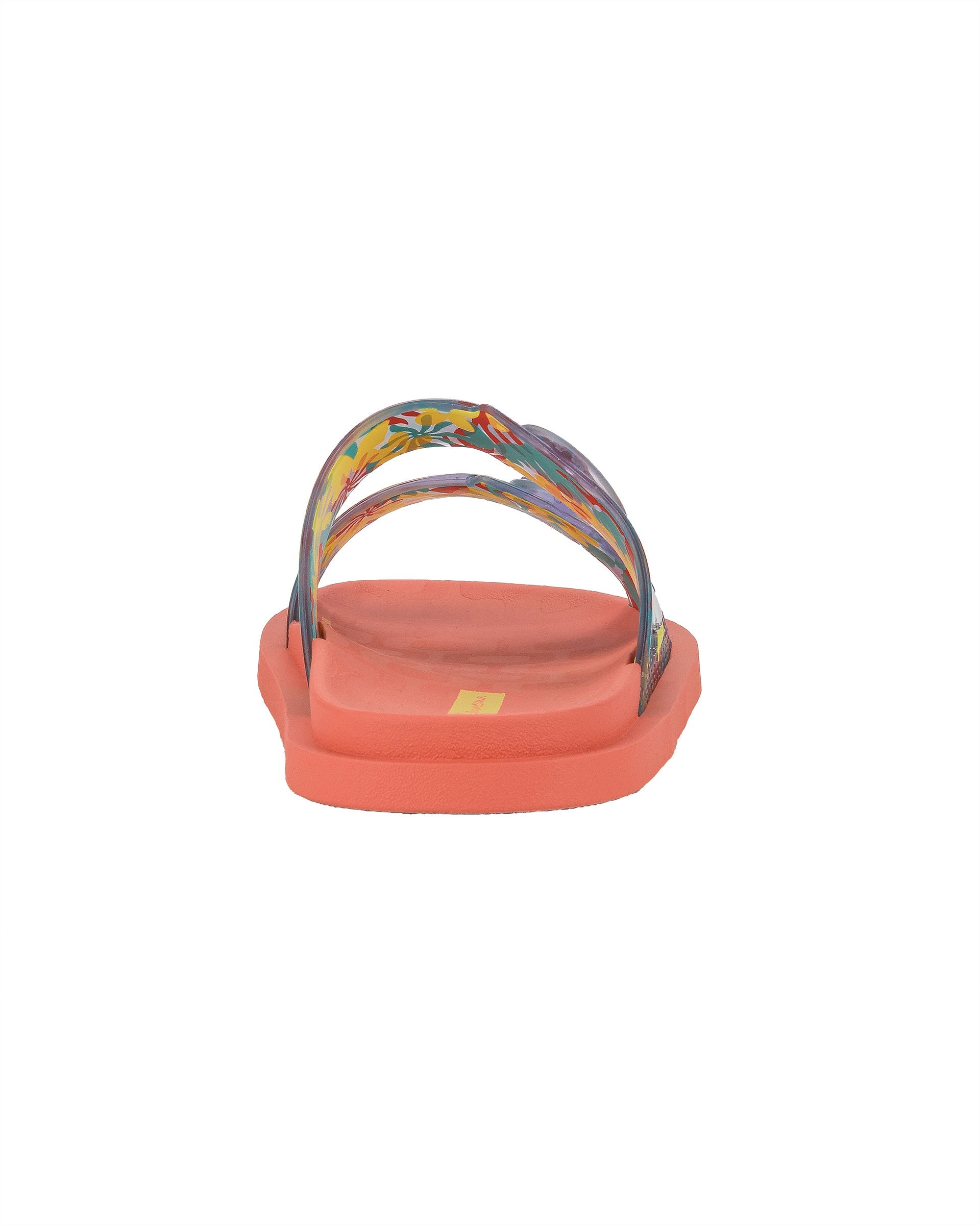 Back view of a orange Ipanema Follow kids slide with floral print on the upper.