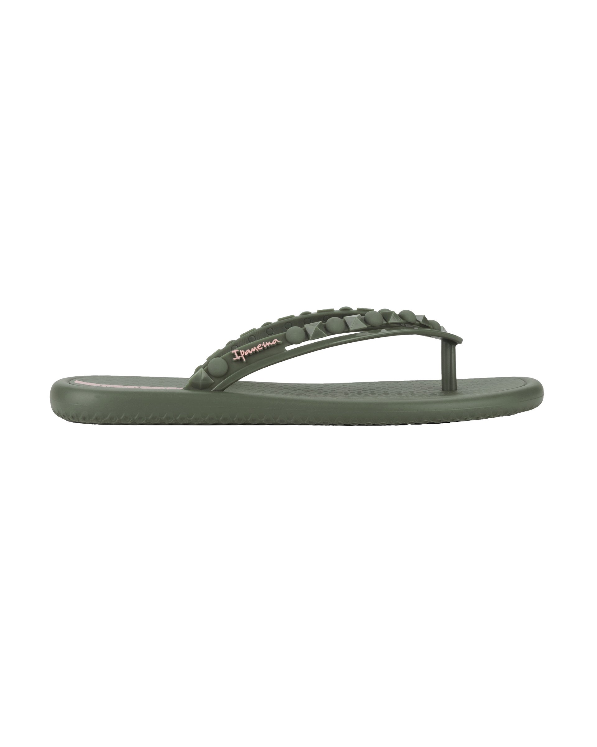 Side view of a green Ipanema Meu Sol women's flip flop with stud details on strap.