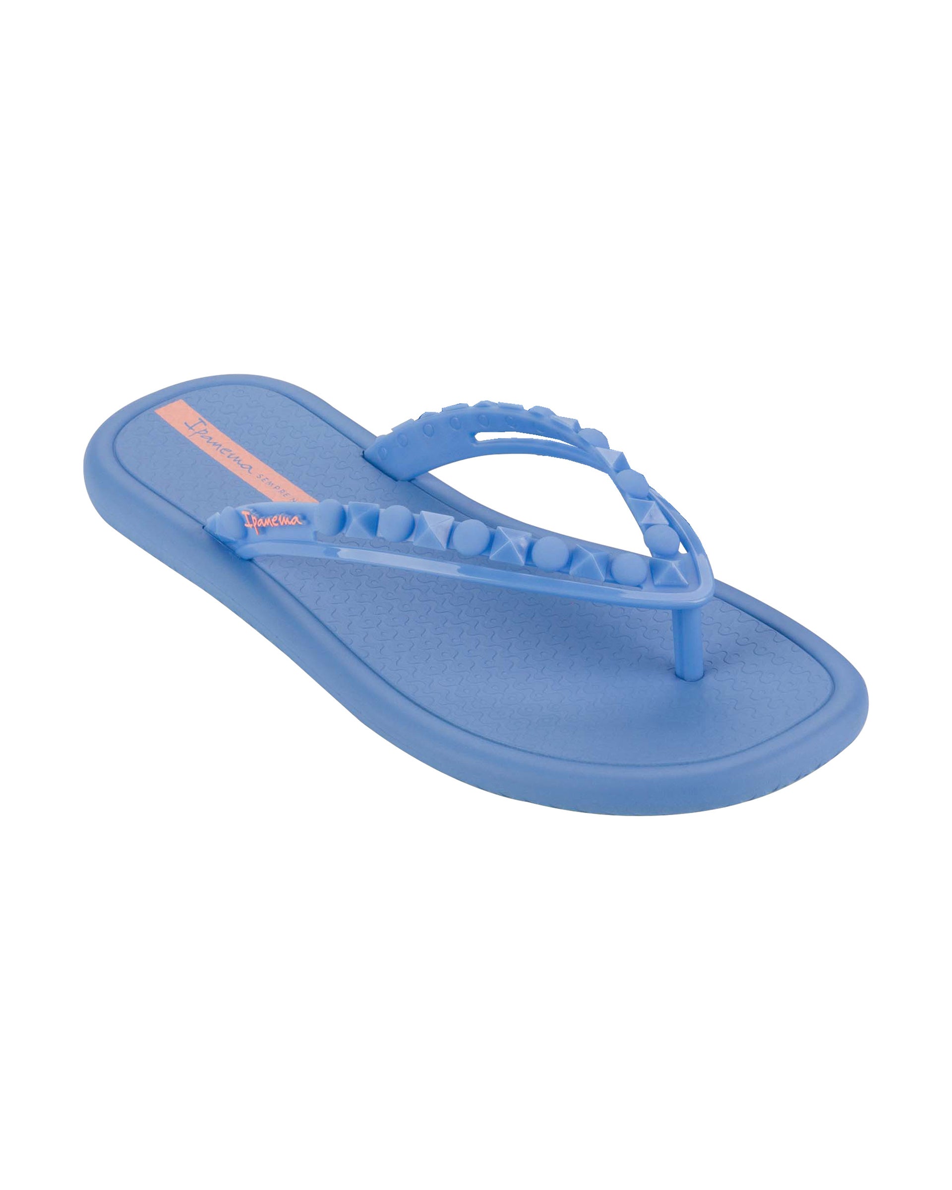 Angled view of a blue Ipanema Meu Sol women's flip flop with stud details on strap.
