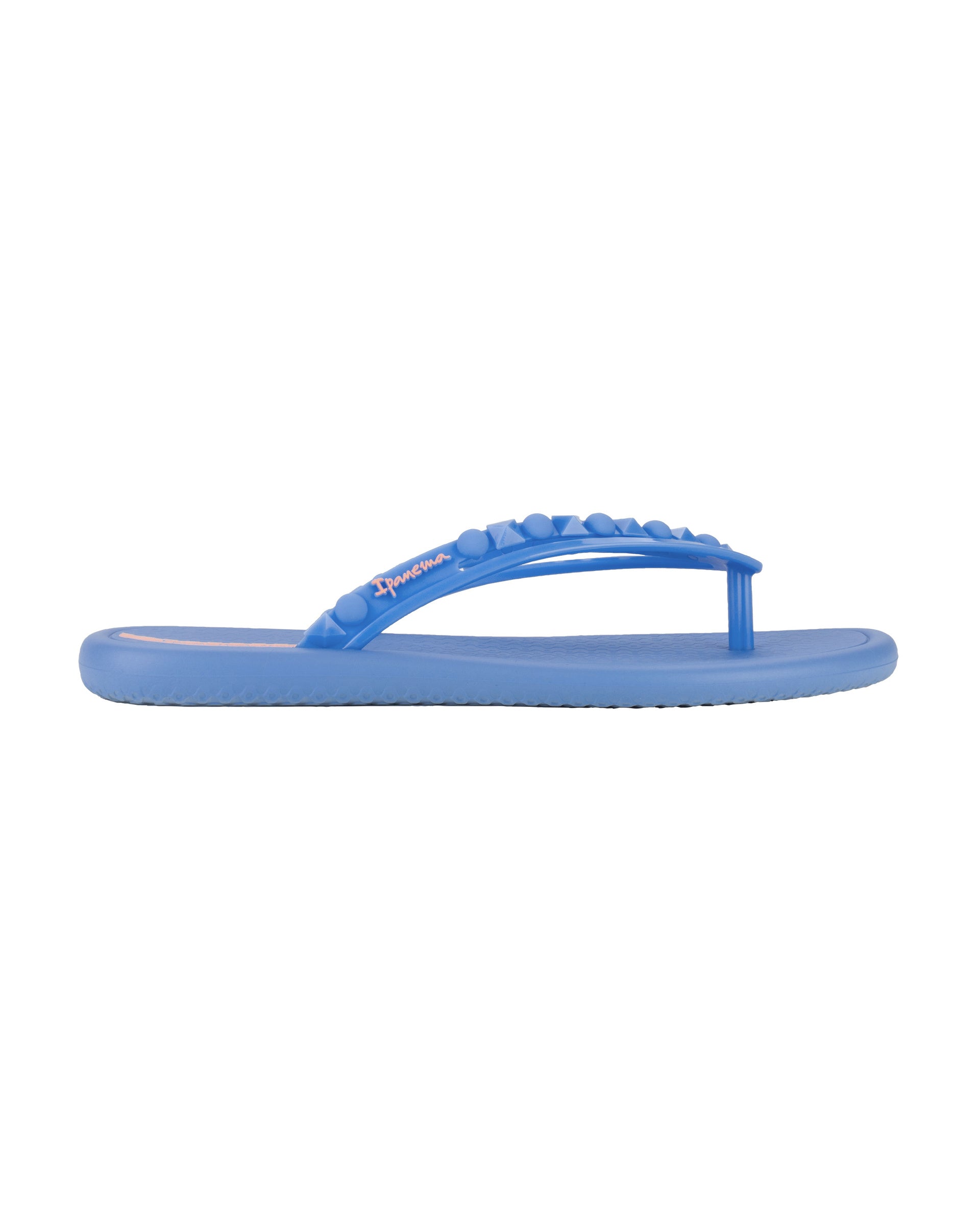 Side view of a blue Ipanema Meu Sol women's flip flop with stud details on strap.