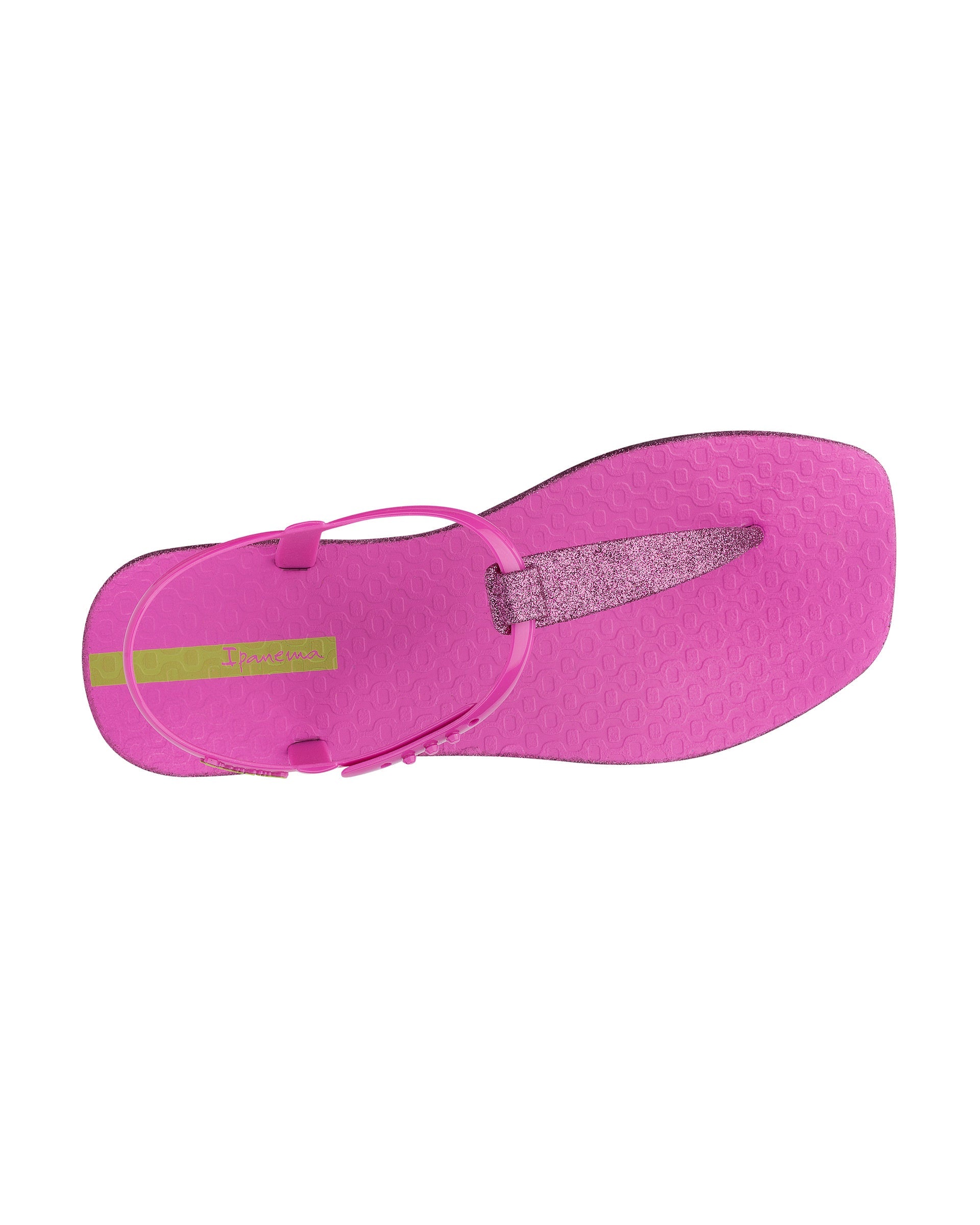 Top view of a pink Ipanema Class Edge Glow t-strap women's sandal with glitter pink thong.