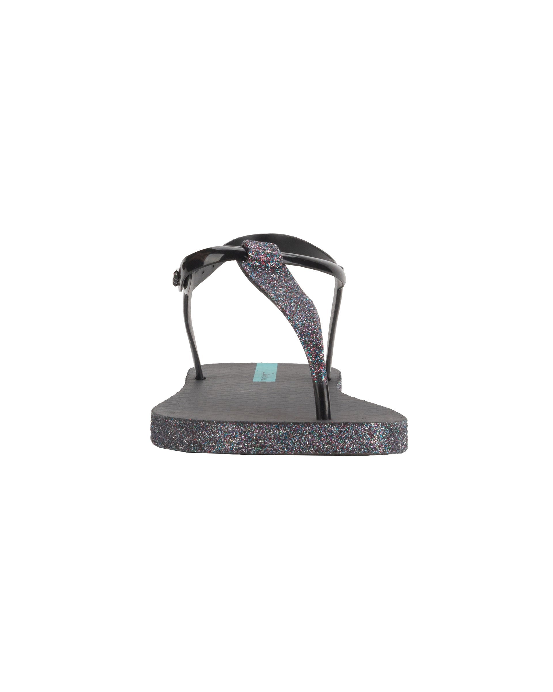 Front view of a black Ipanema Class Edge Glow t-strap women's sandal with glitter black thong.