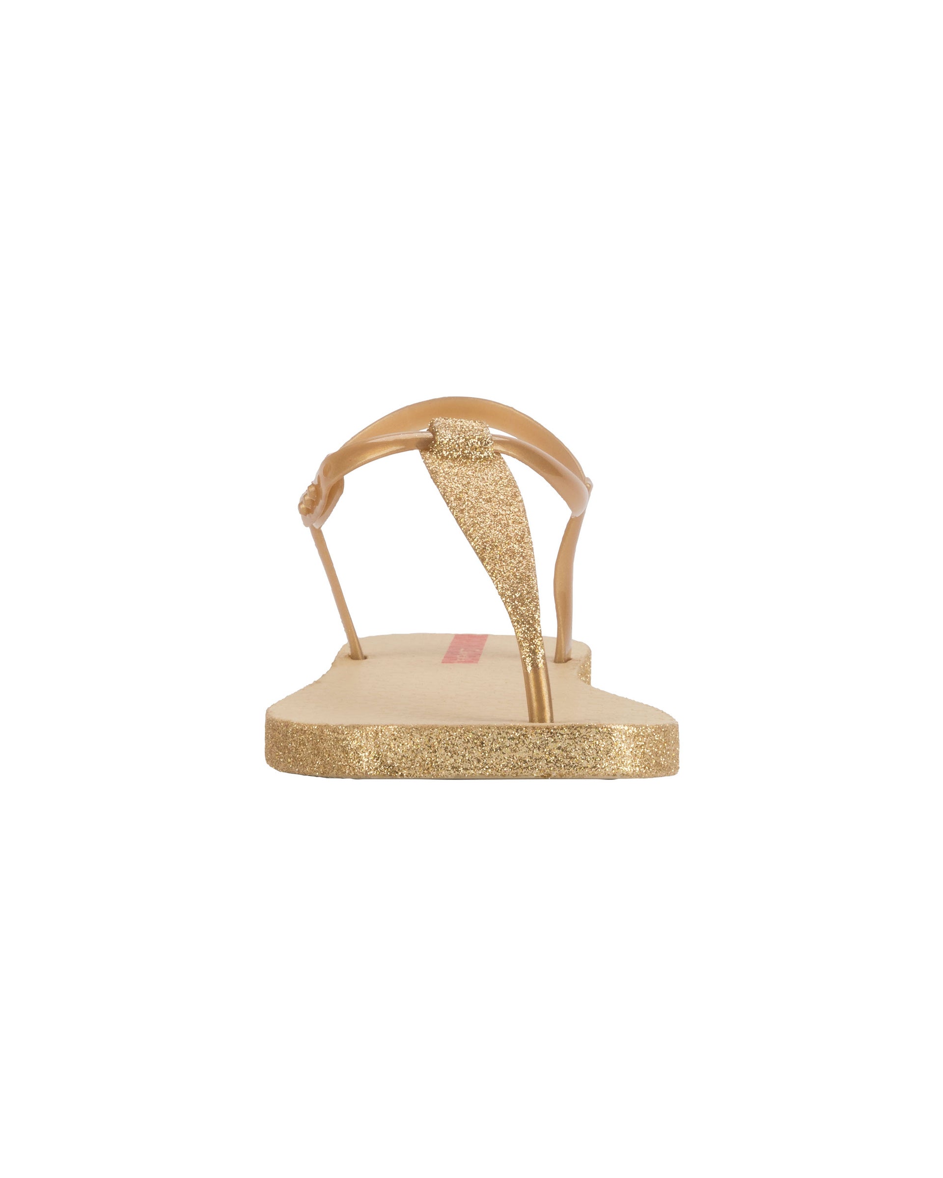 Front view of a beige Ipanema Class Edge Glow t-strap women's sandal with gold strap and glitter thong.