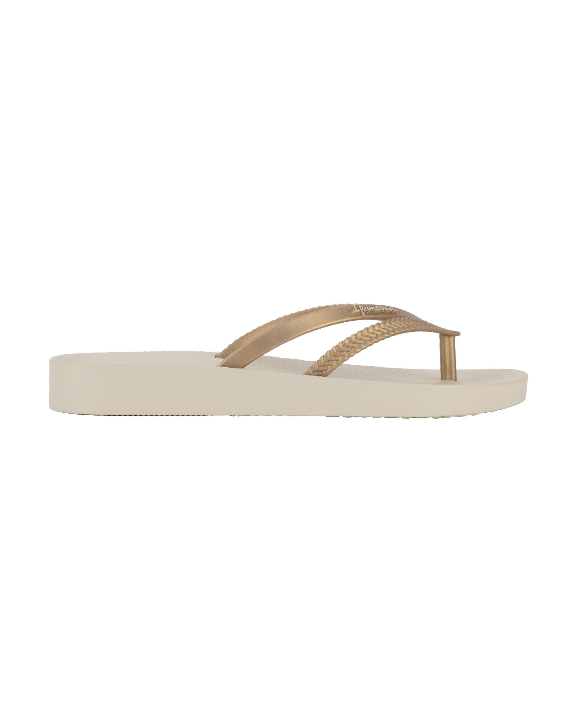 Outer side view of a beige Ipanema Bossa Soft women's flip flop with gold straps.
