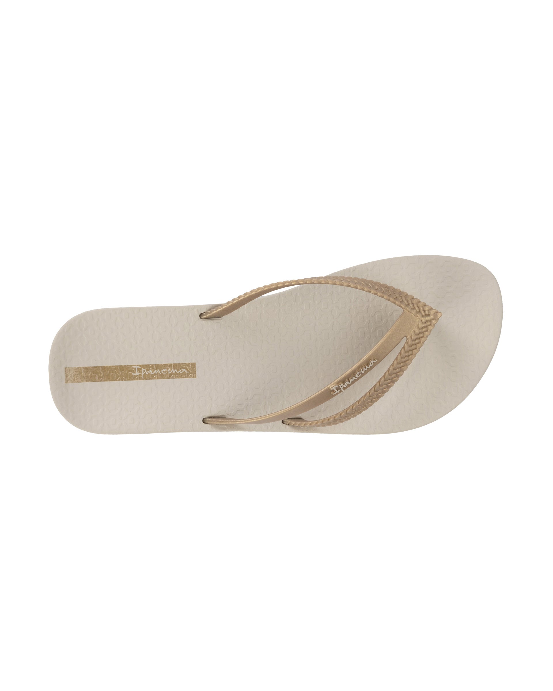 Top view of a beige Ipanema Bossa Soft women's flip flop with gold straps.