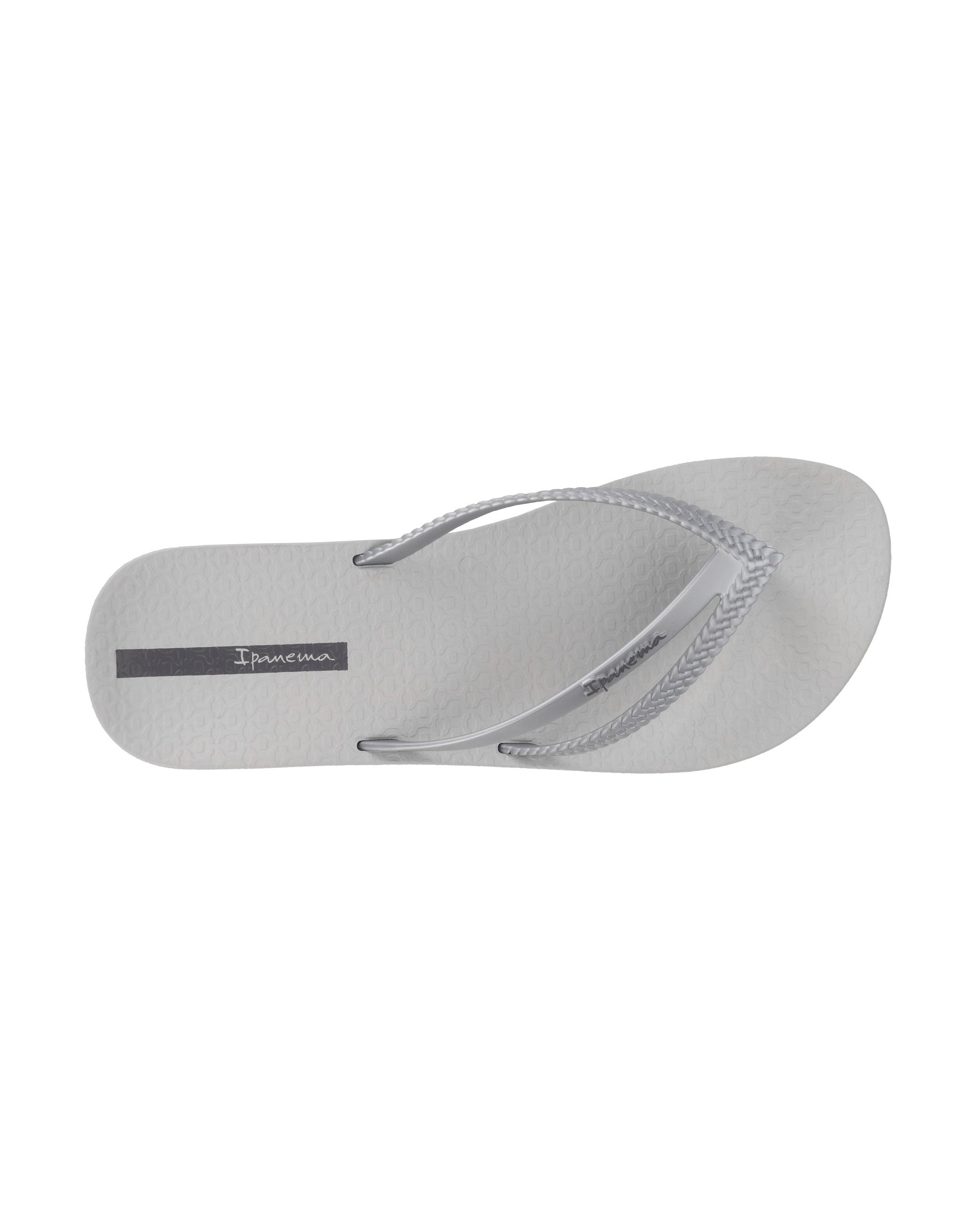 Top view of a grey Ipanema Bossa Soft women's flip flop with metallic grey straps.