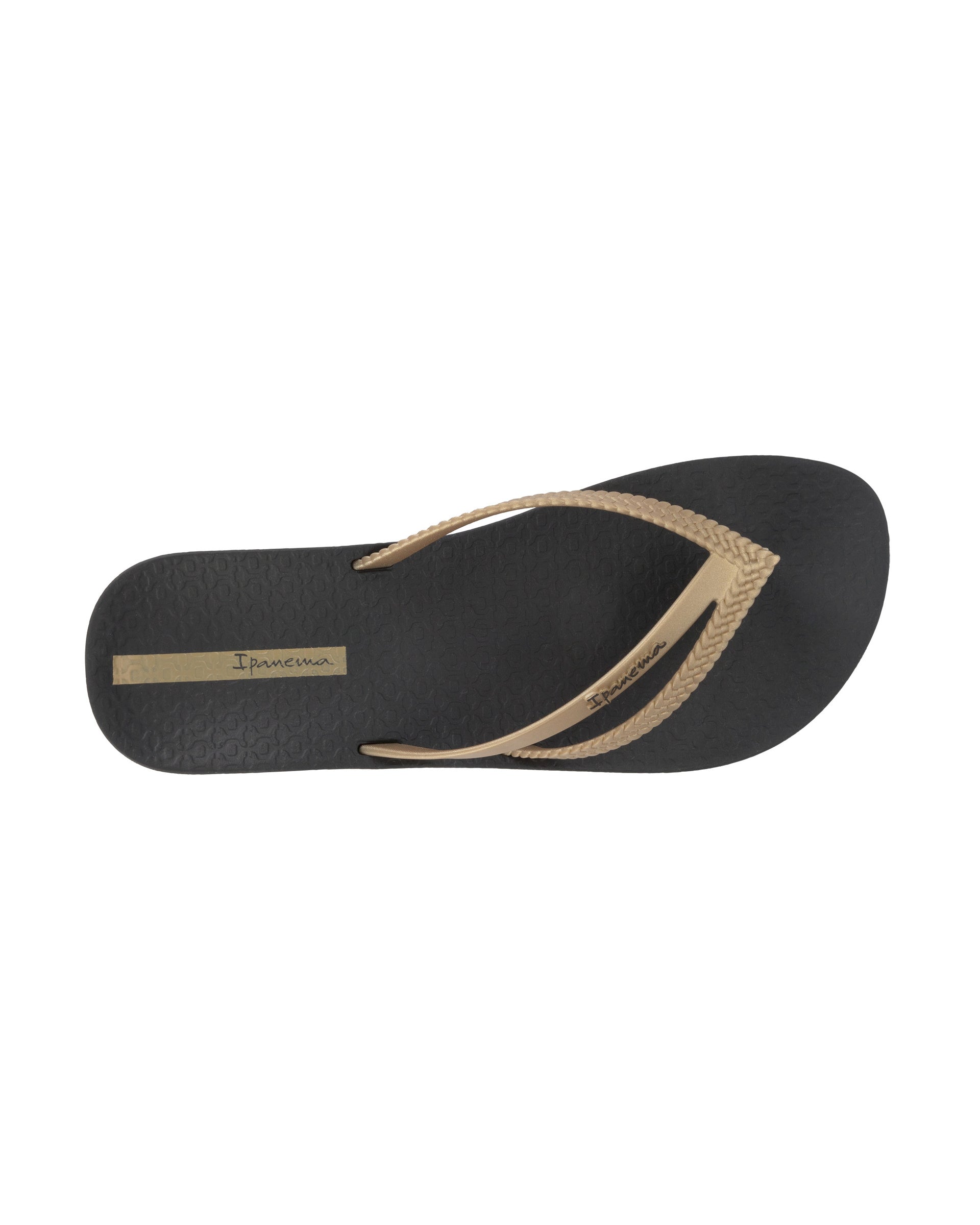 Top view of a black Ipanema Bossa Soft women's flip flop with metallic gold straps.