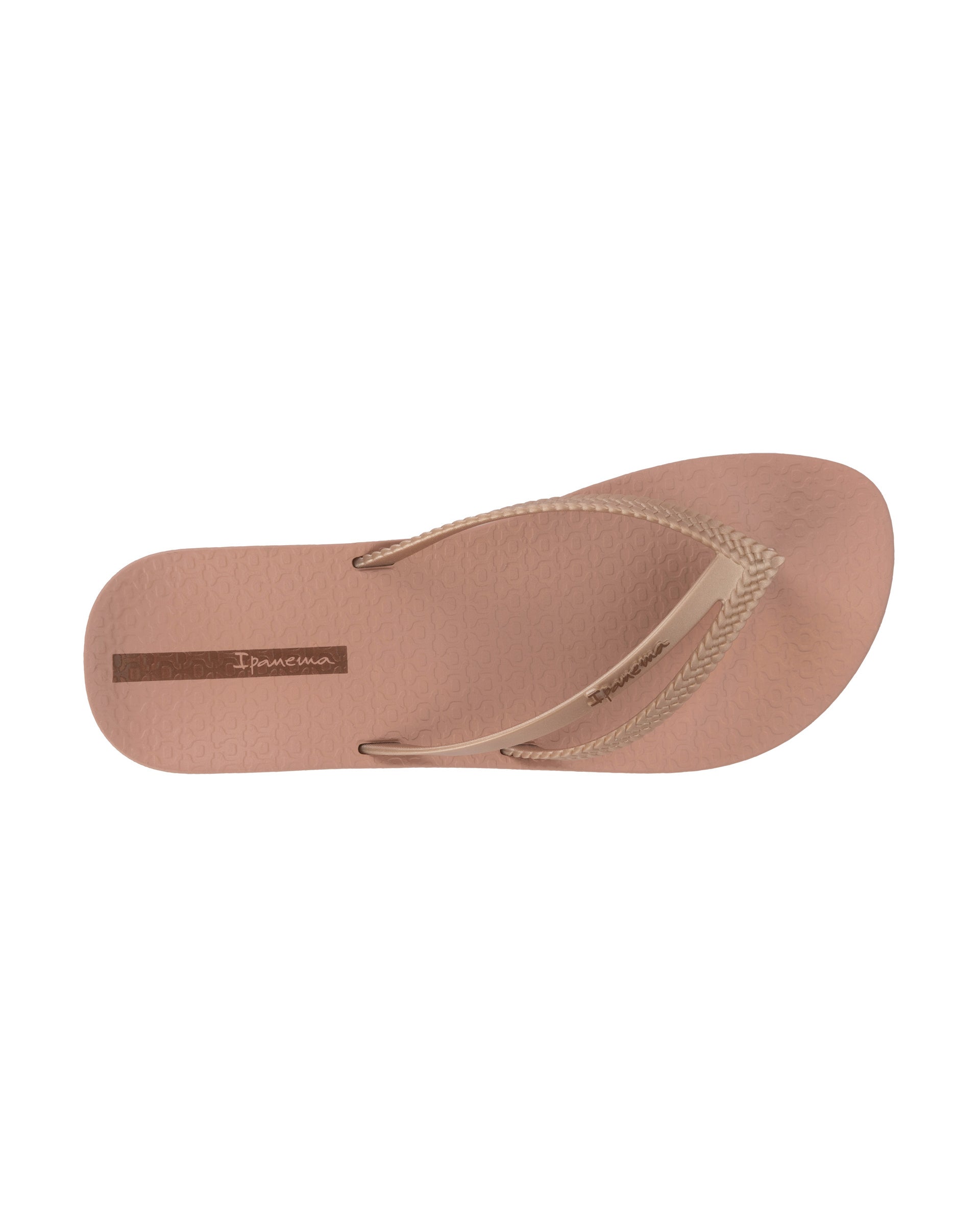 Top view of a pink Ipanema Bossa Soft women's flip flop with metallic rose gold straps.