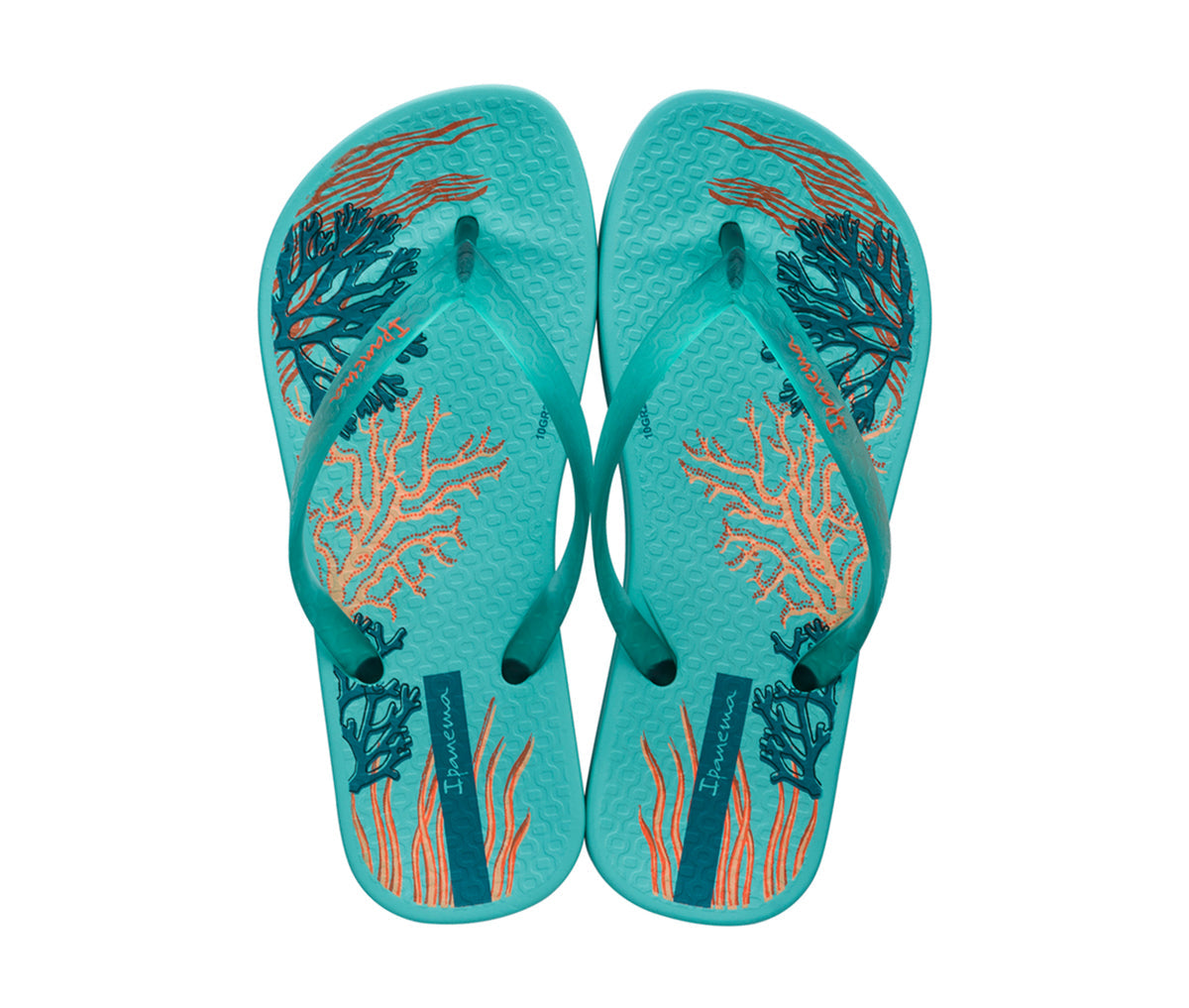 Top view of a pair blue Ipanema Ana Glossy kids flip flop  with an under the sea print on the footbed.
