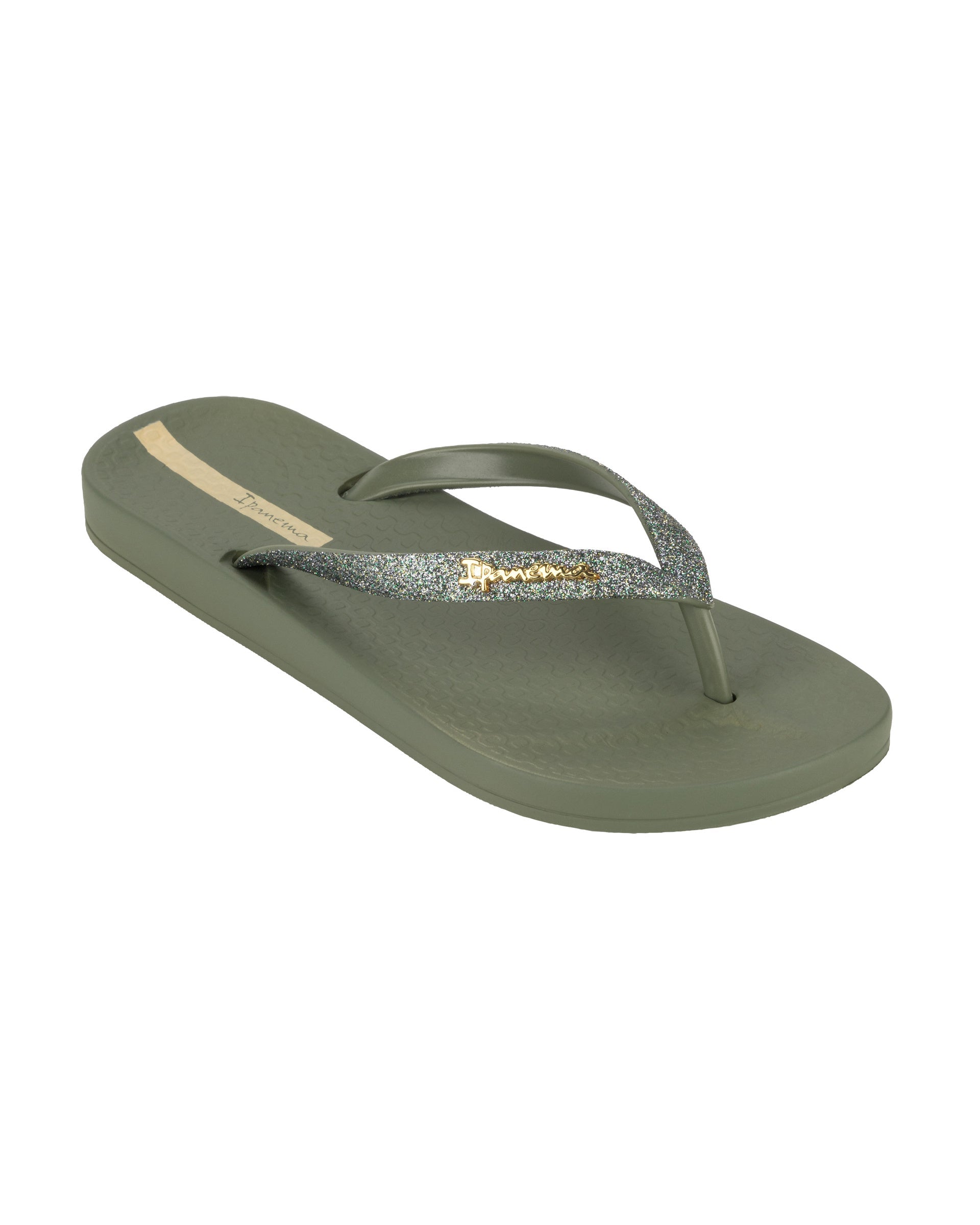 Angled view of a green Ipanema Ana Sparkle women's flip flop with glitter green straps.