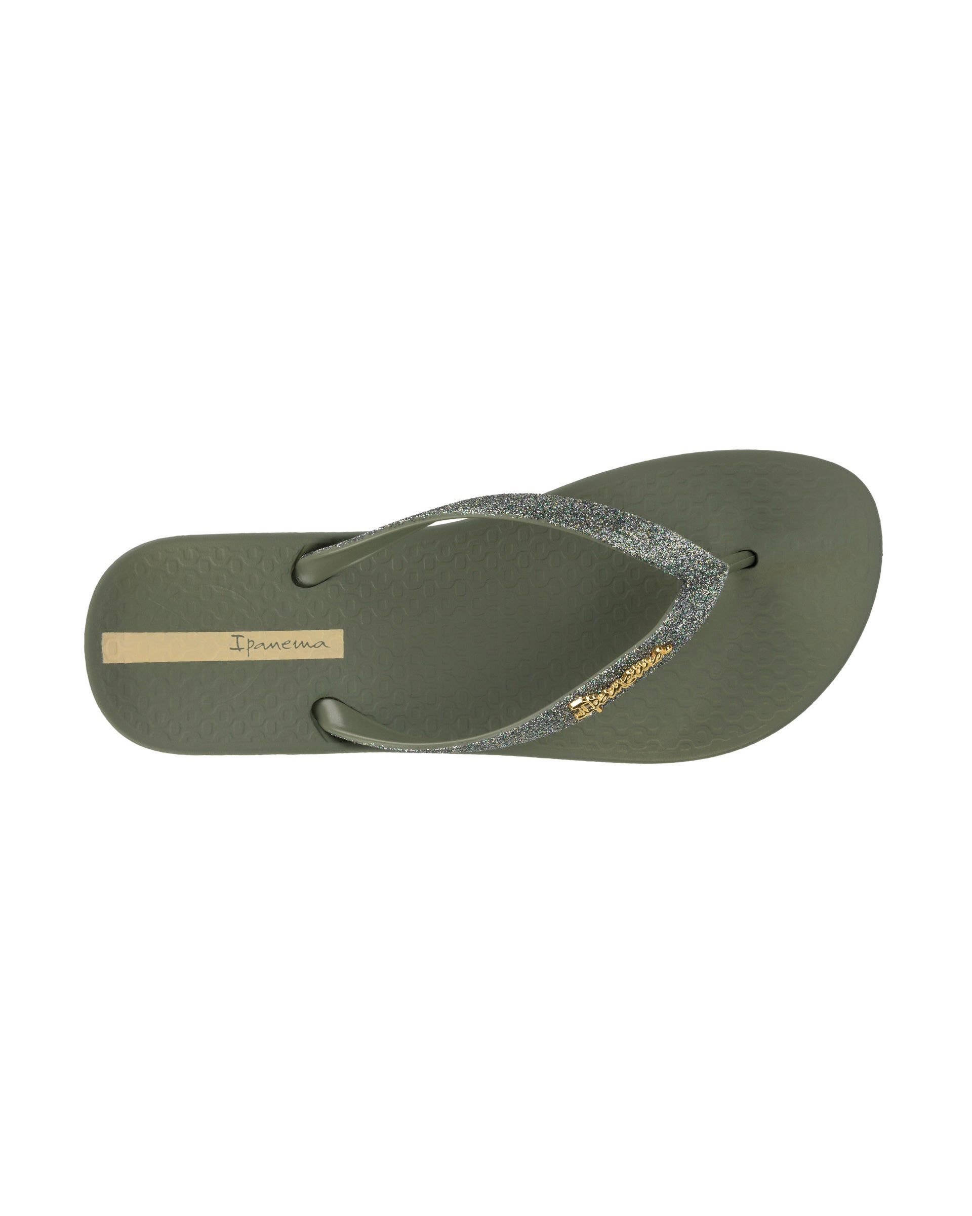 Top view of a green Ipanema Ana Sparkle women's flip flop with glitter green straps.