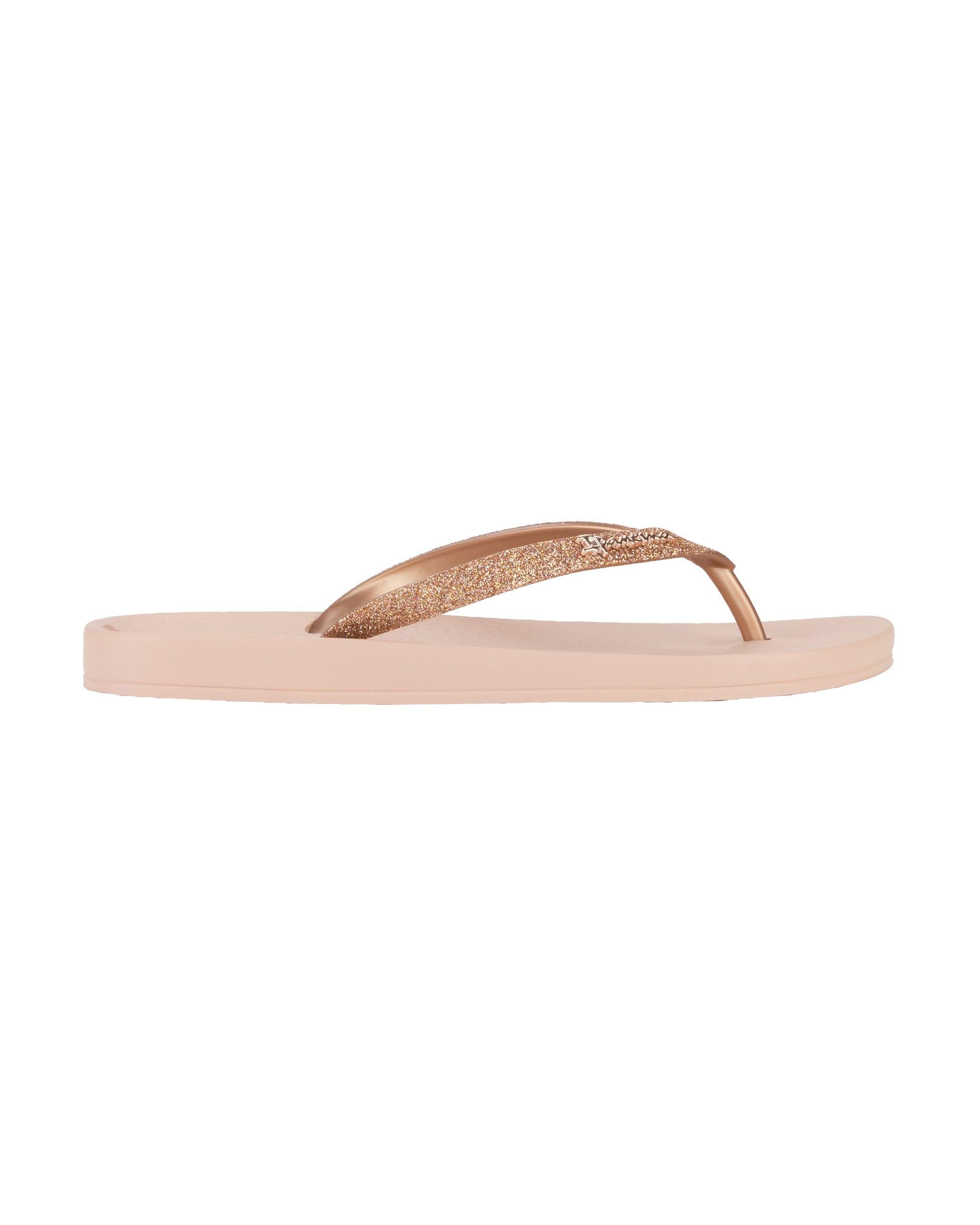 Outer side view of a pink Ipanema Ana Sparkle women's flip flop with glitter rose gold straps.