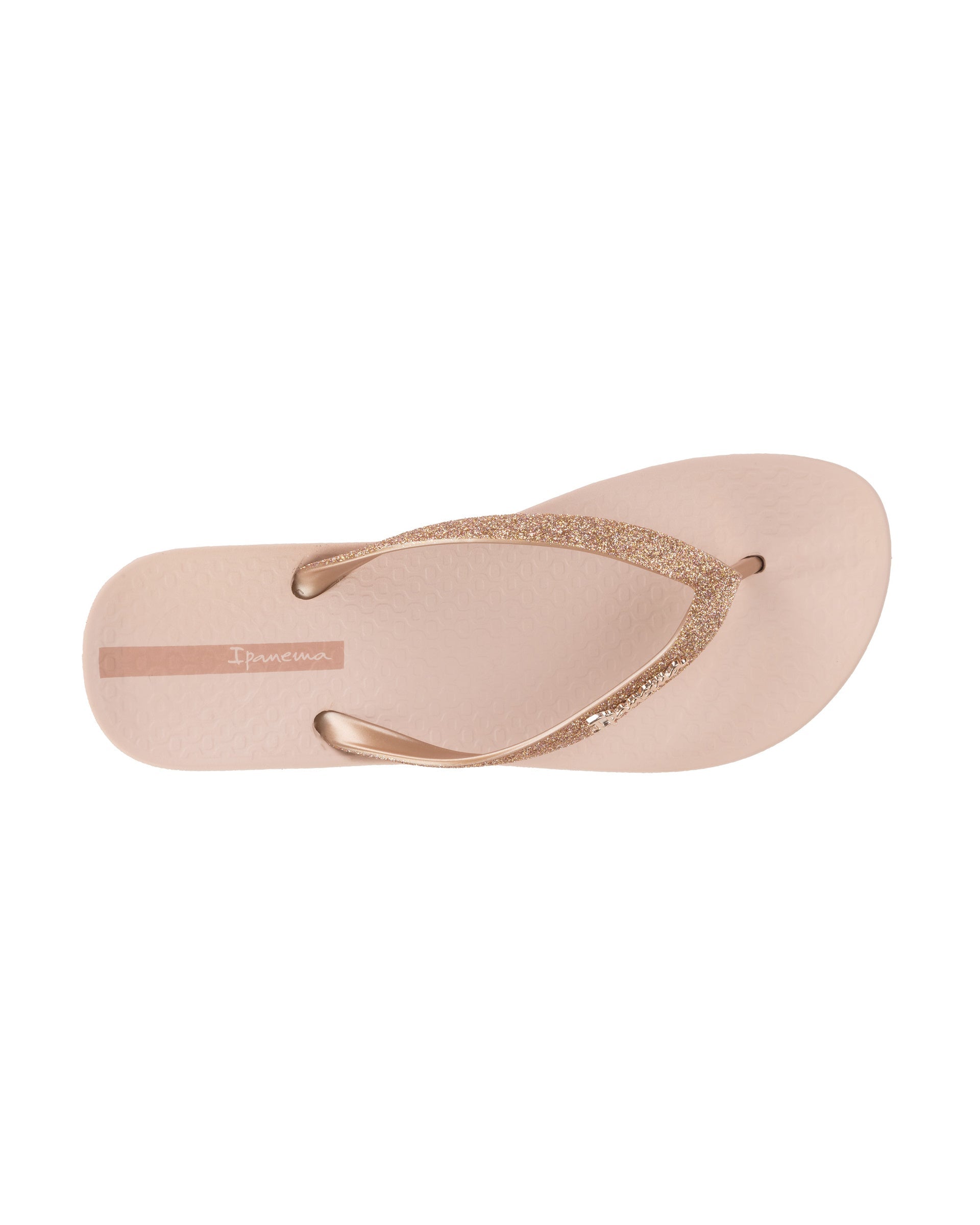 Top view of a pink Ipanema Ana Sparkle women's flip flop with glitter rose gold straps.