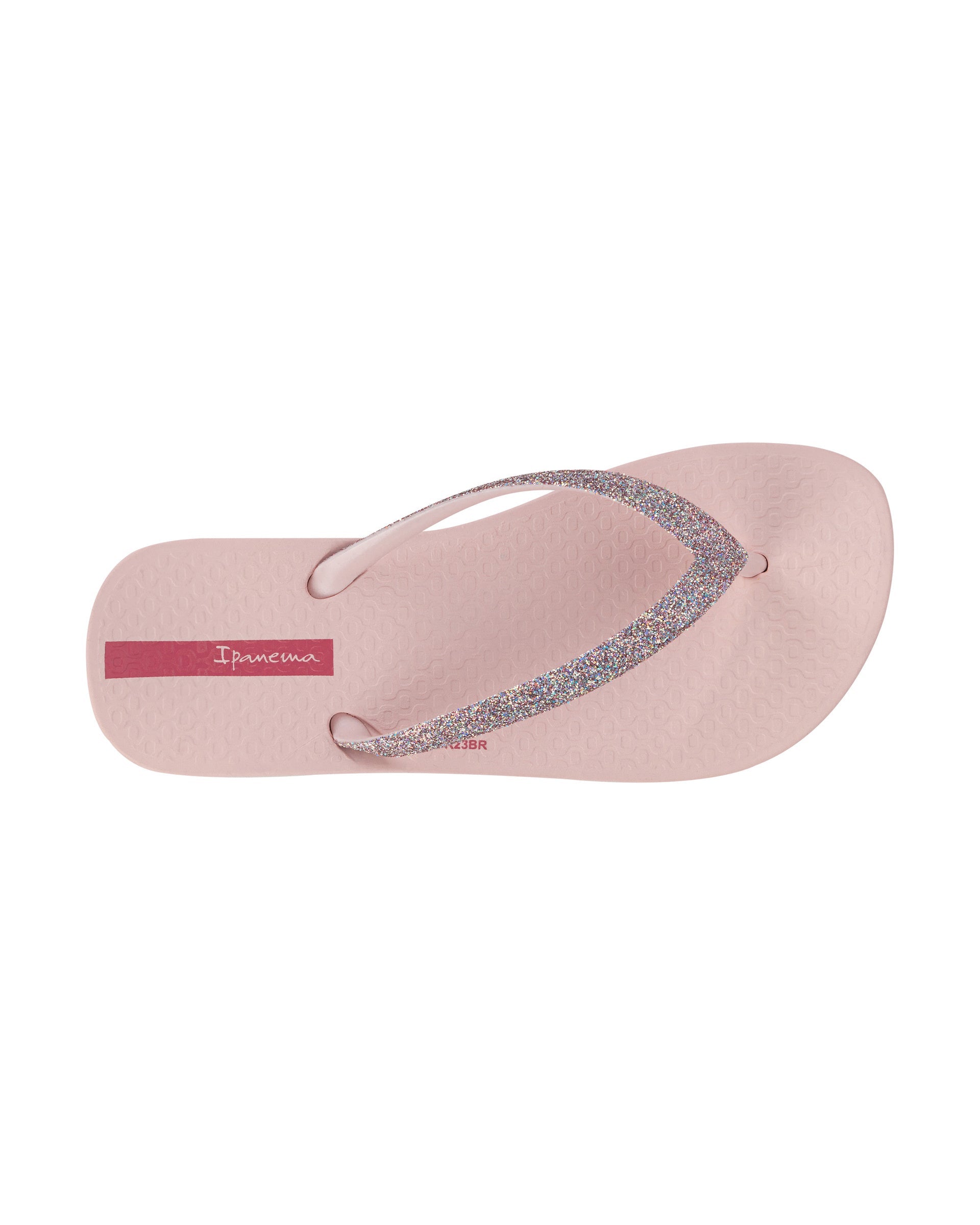 Top view of a pink Ipanema Ana Sparkle kids flip flop with multicolor glitter strap.