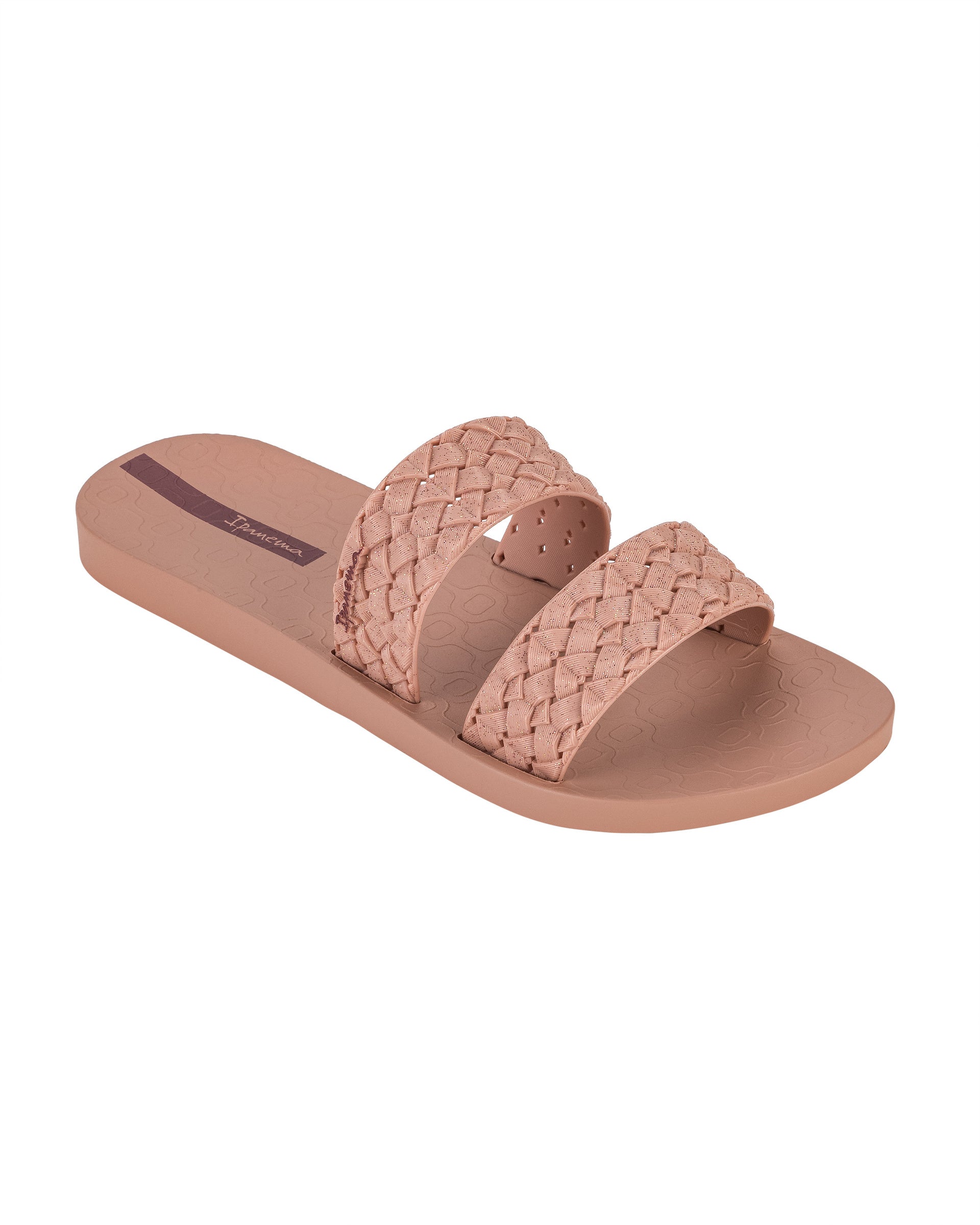 Angled view of a pink Ipanema Renda women's slide with braided pink glitter straps.