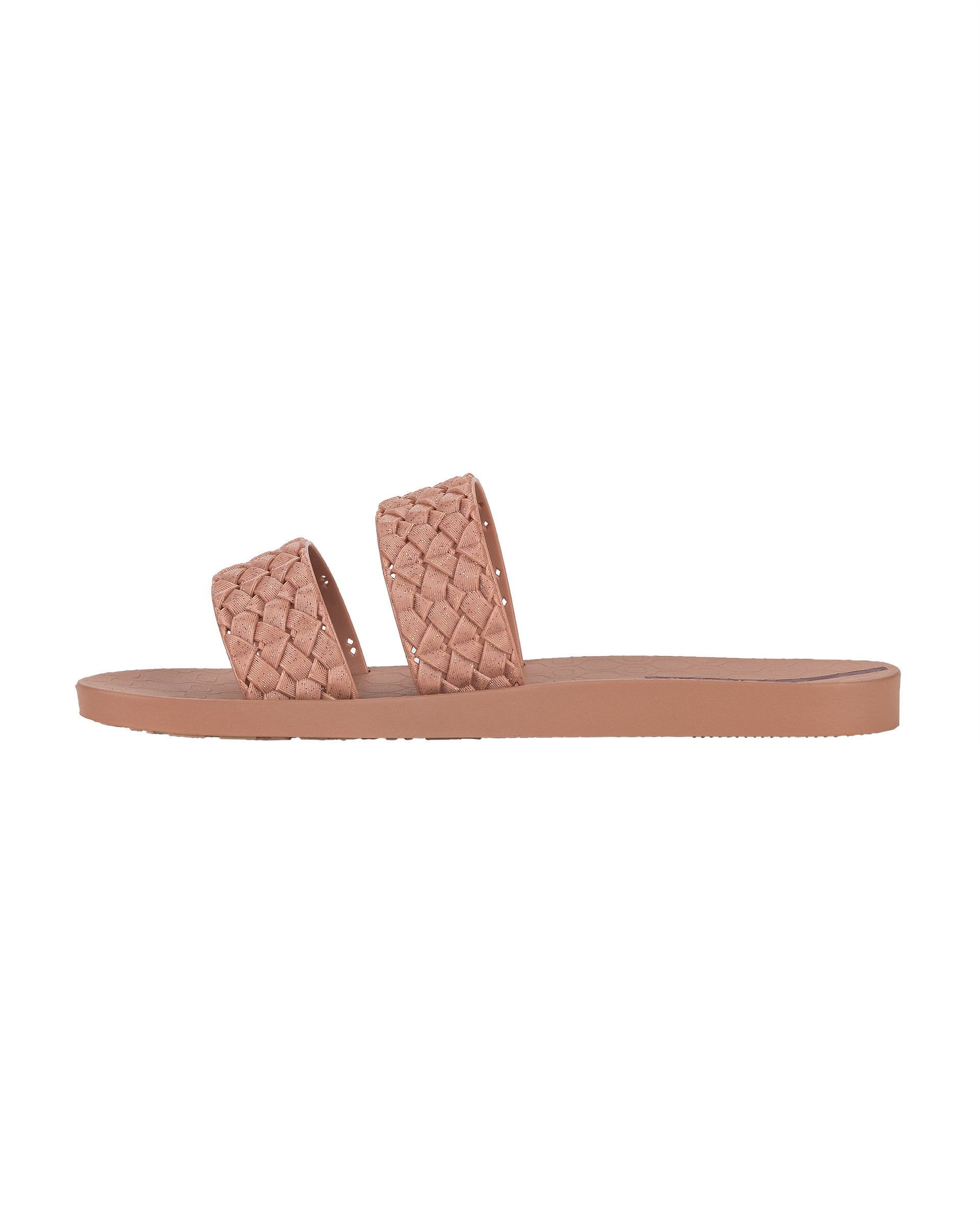 Inner side view of a pink Ipanema Renda women's slide with braided pink glitter straps.