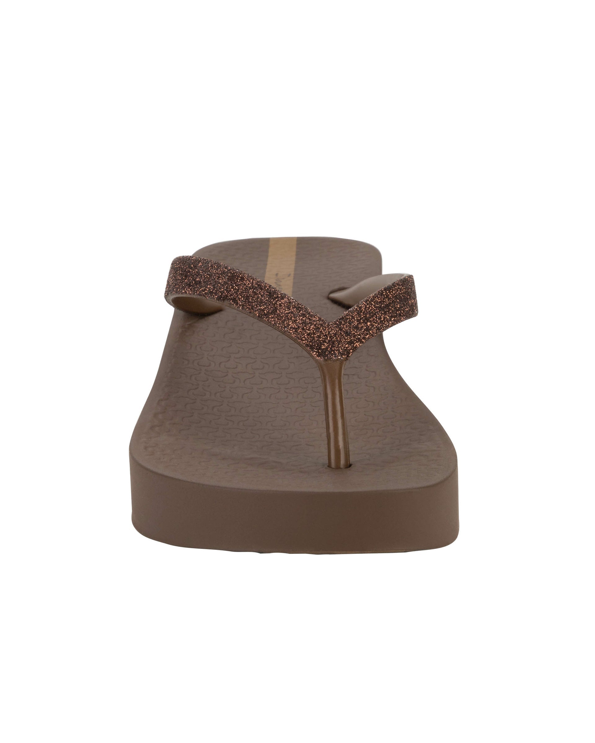 Front view of a brown Ipanema Mesh Chic women's wedge flip flop with glitter brown straps.
