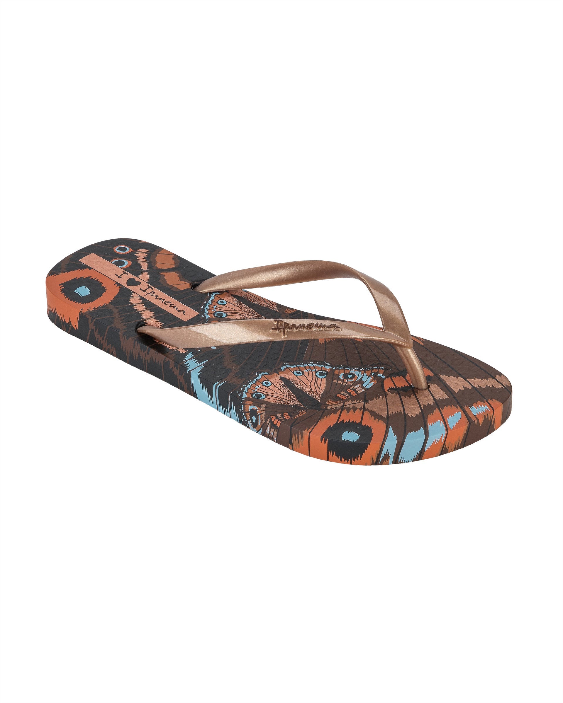 Angled view of a brown Ipanema Animal Print women's flip flop with glitter pink straps and butterfly sole print.