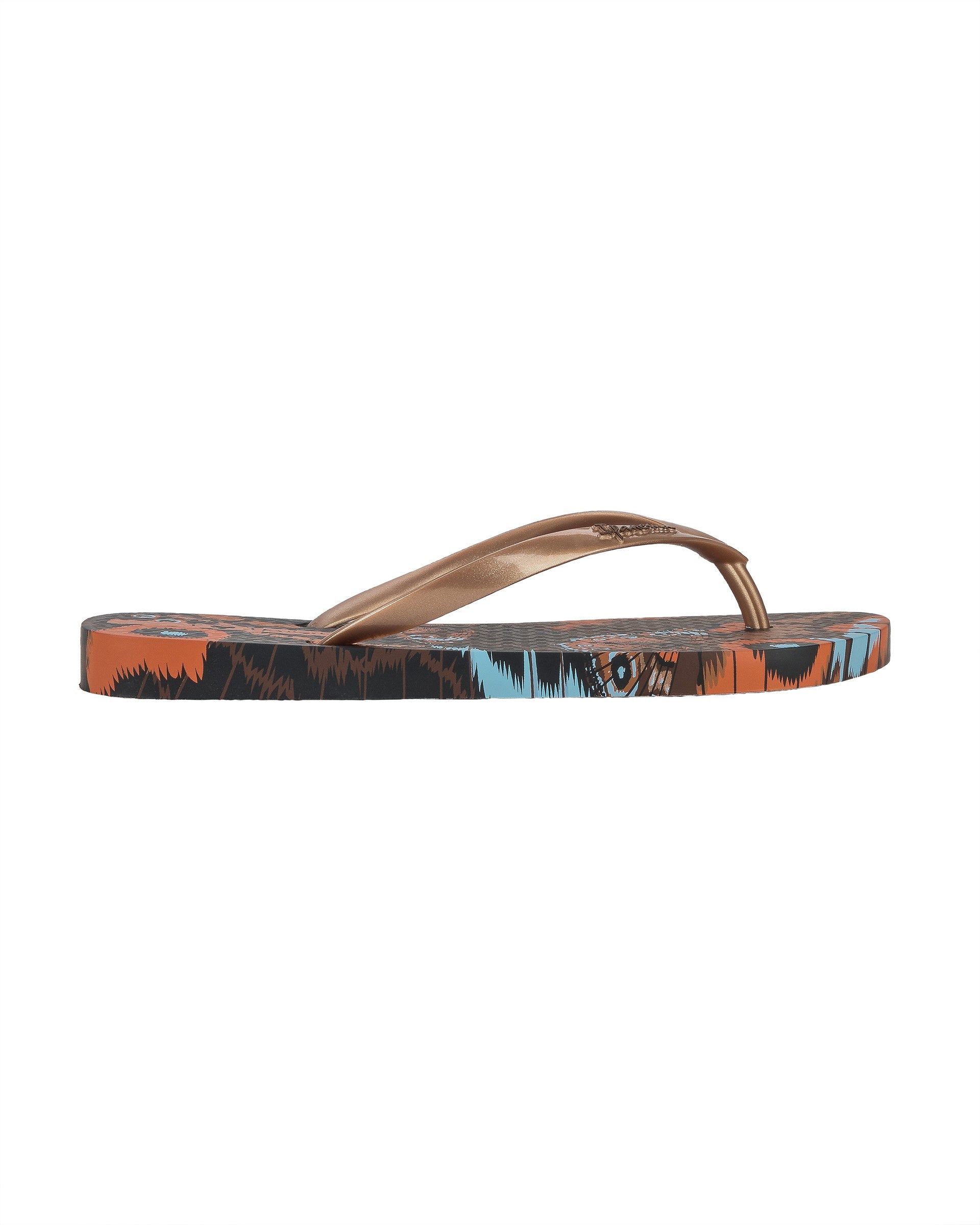 Outer side view of a brown Ipanema Animal Print women's flip flop with glitter pink straps and butterfly sole print.
