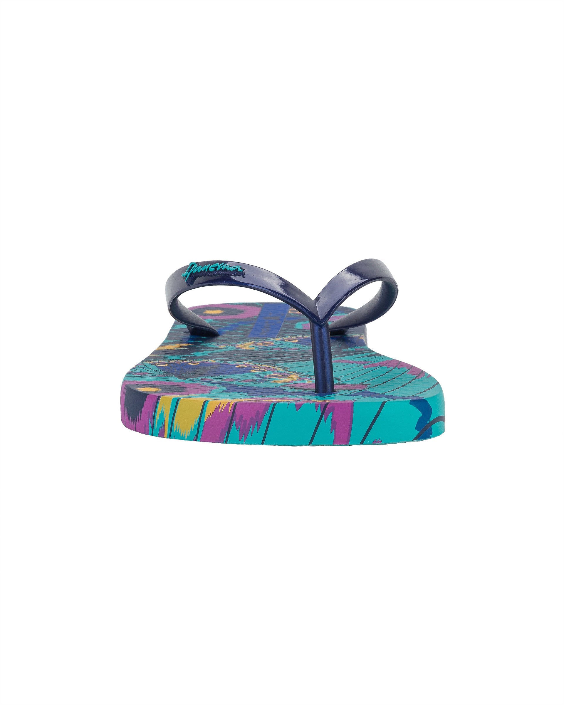 Front view of a blue Ipanema Animal Print women's flip flop with glitter blue straps and butterfly sole print.
