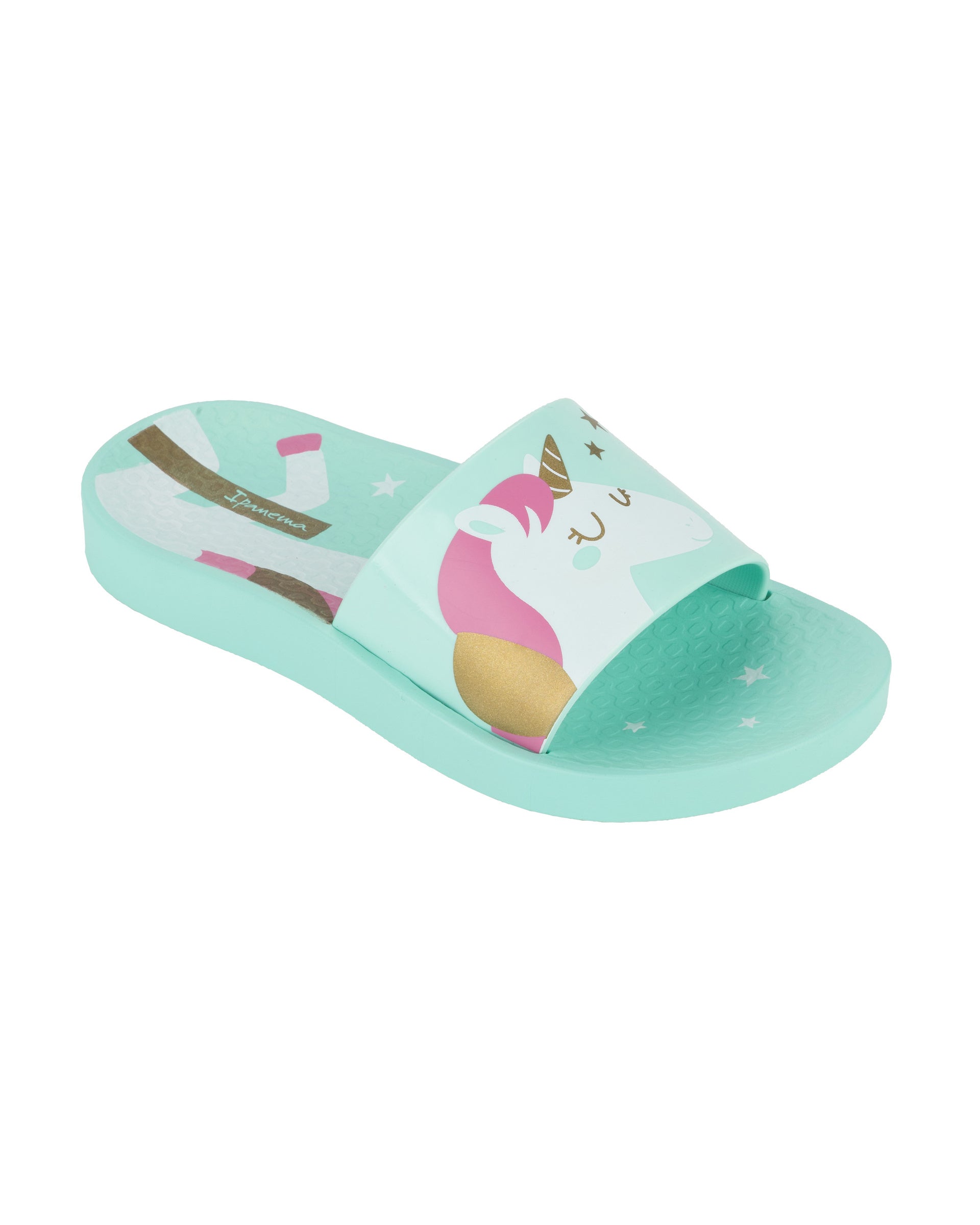 Angled view of a green Ipanema Urban kids slide with a unicorn on the upper.
