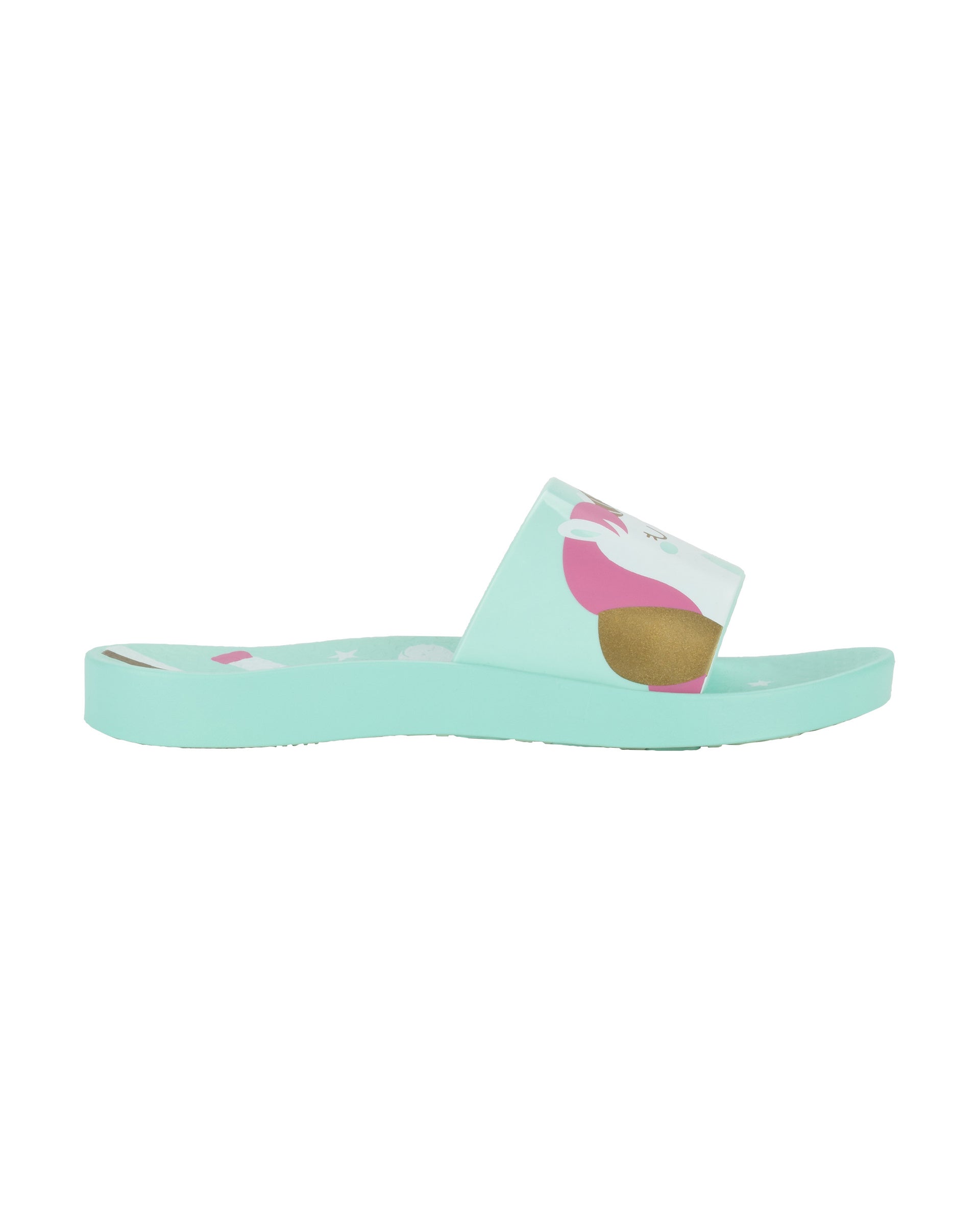 Outer side view of a green Ipanema Urban kids slide with a unicorn on the upper.