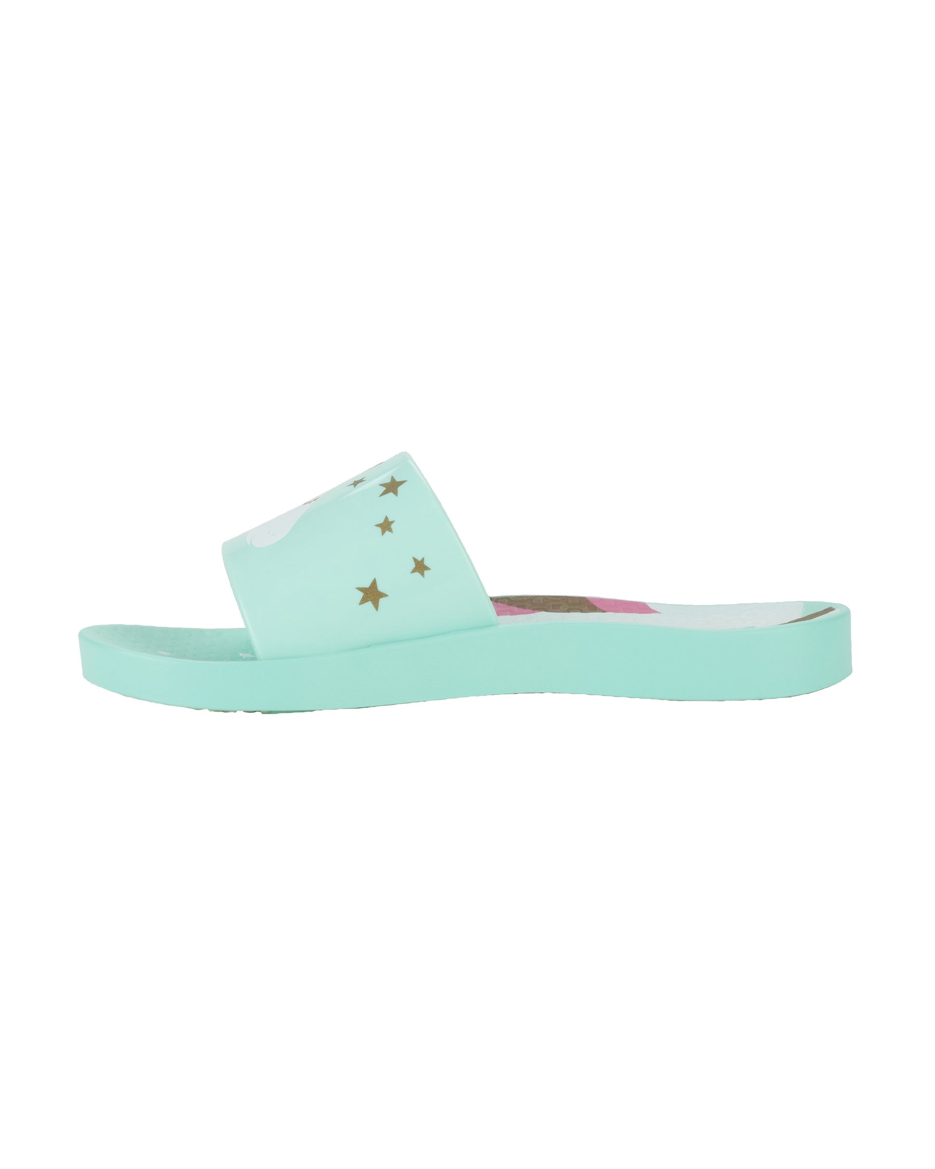 Inner side view of a green Ipanema Urban kids slide with a unicorn on the upper.