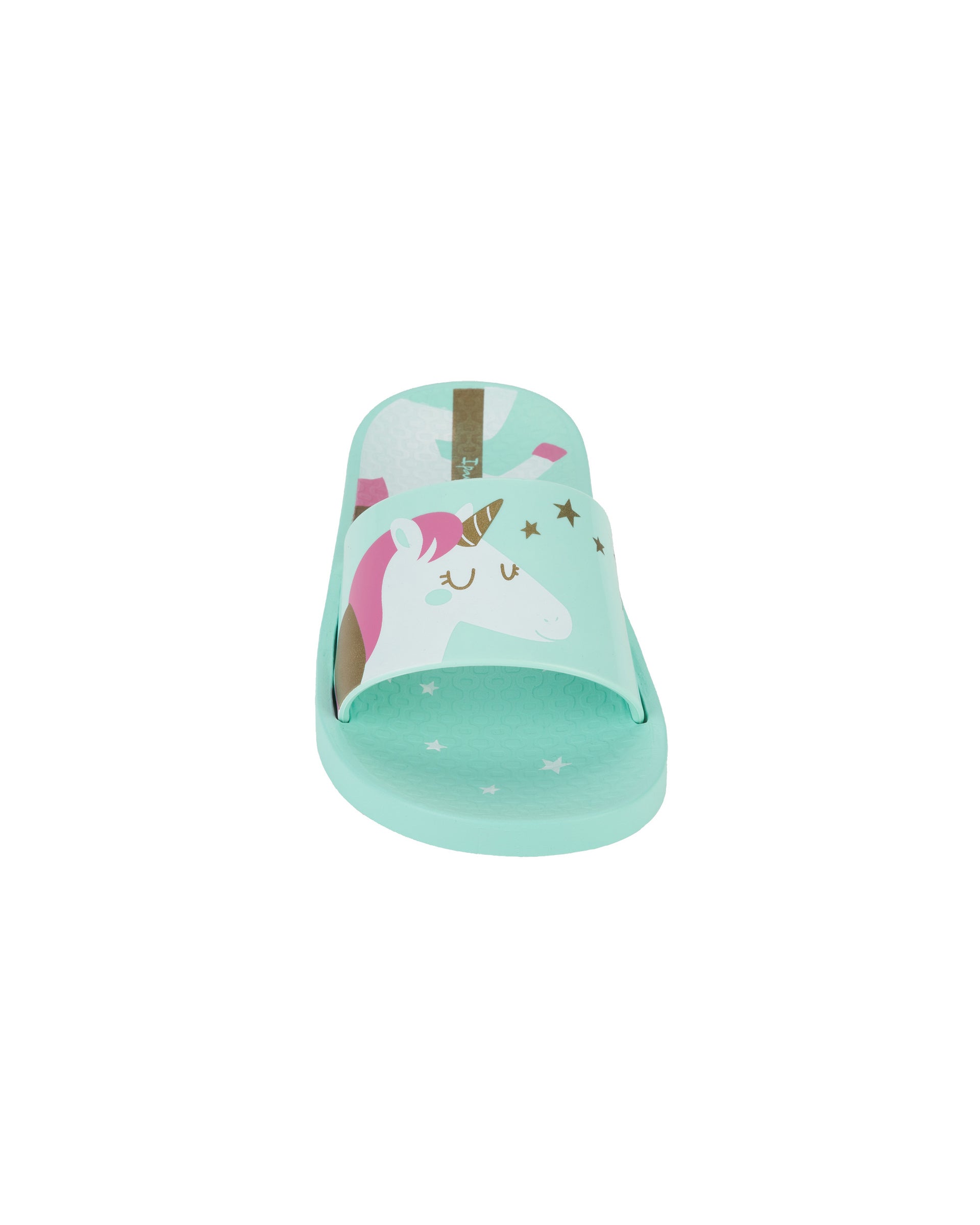 Front view of a green Ipanema Urban kids slide with a unicorn on the upper.