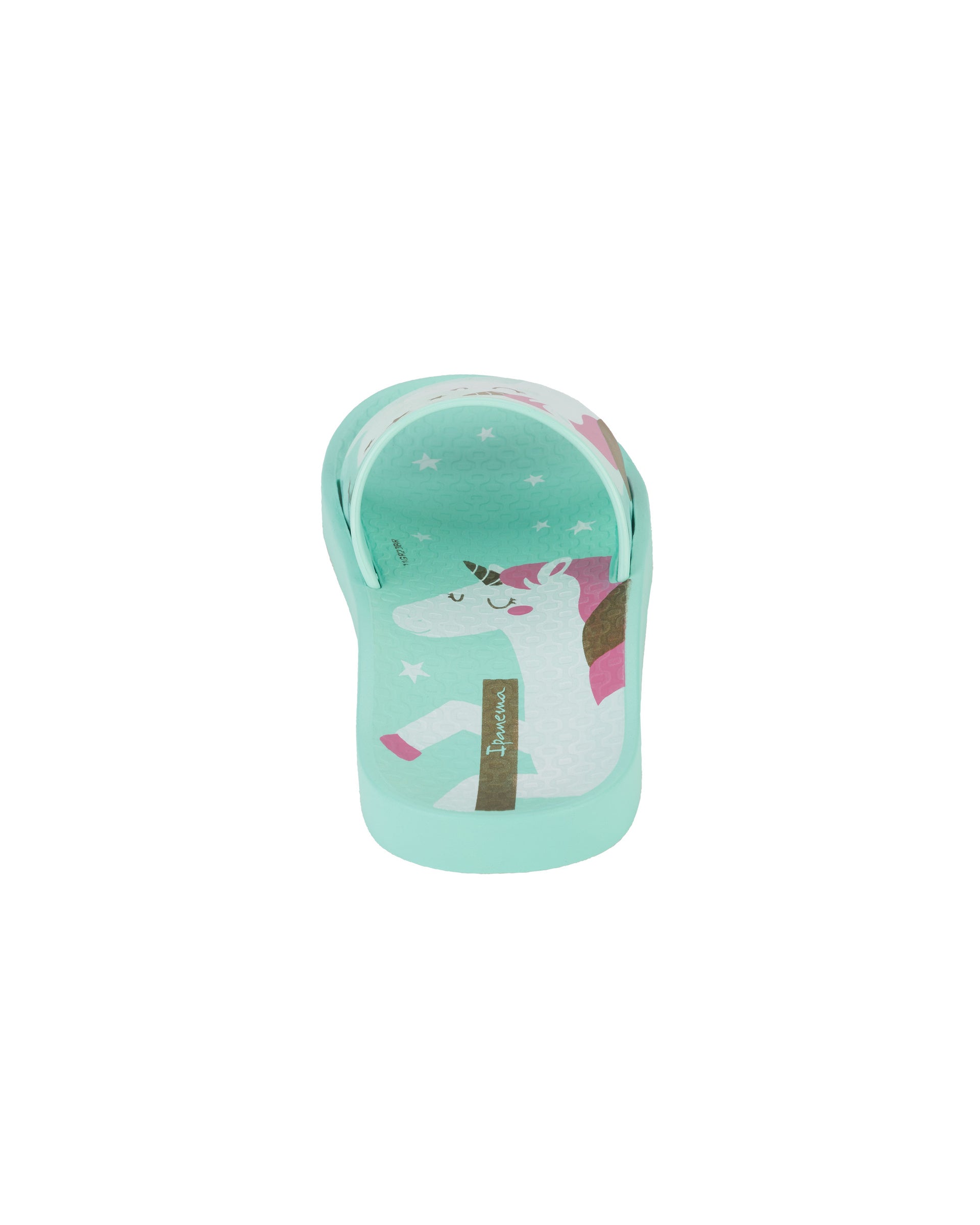 Back view of a green Ipanema Urban kids slide with a unicorn on the upper.
