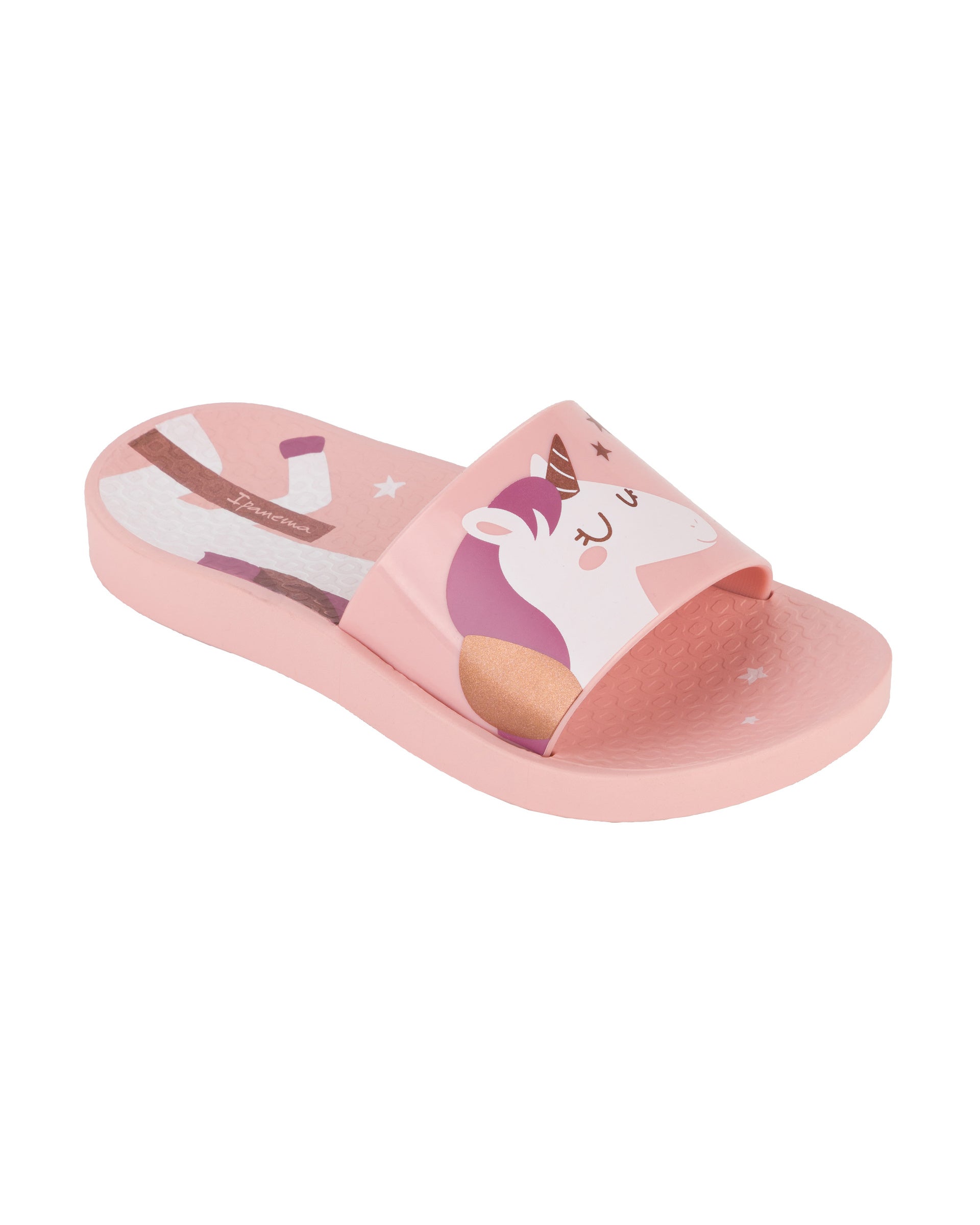 Angled view of a pink Ipanema Urban kids slide with a unicorn on the upper.