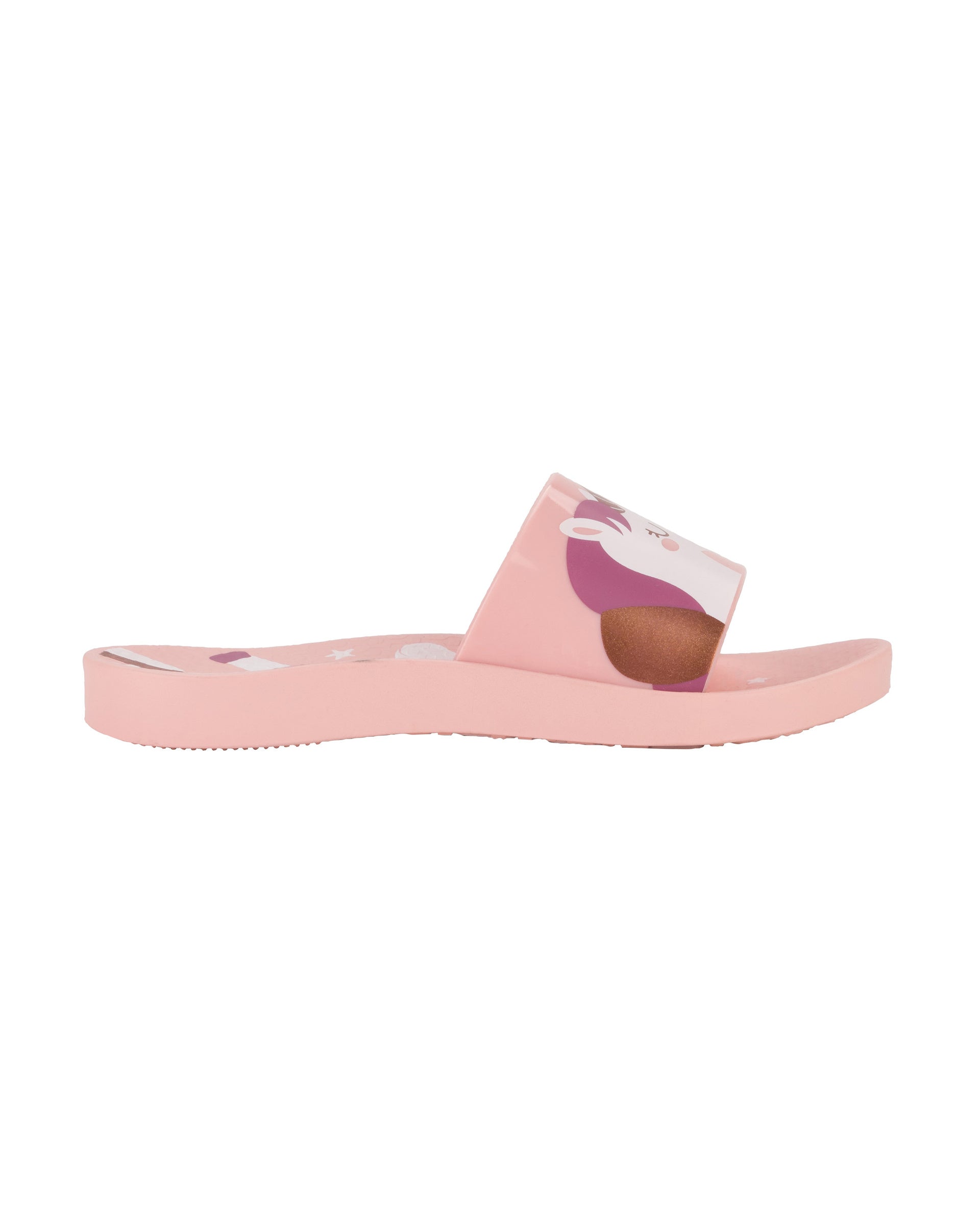 Outer side view of a pink Ipanema Urban kids slide with a unicorn on the upper.