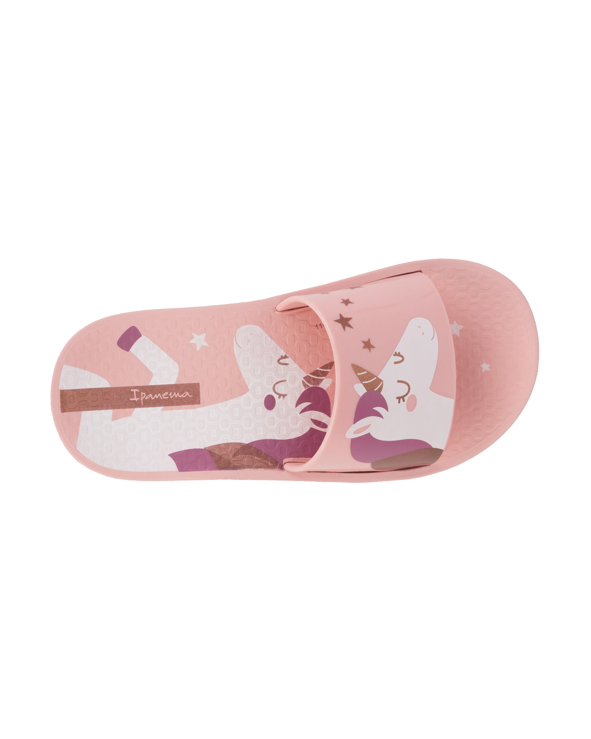 Top view of a pink Ipanema Urban kids slide with a unicorn on the upper.