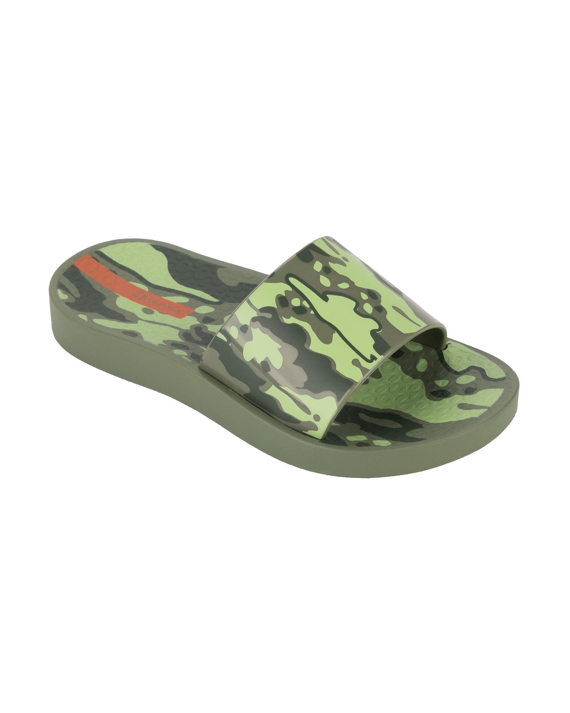 Angled view of a green Ipanema Urban kids slide with a camo print on the upper.