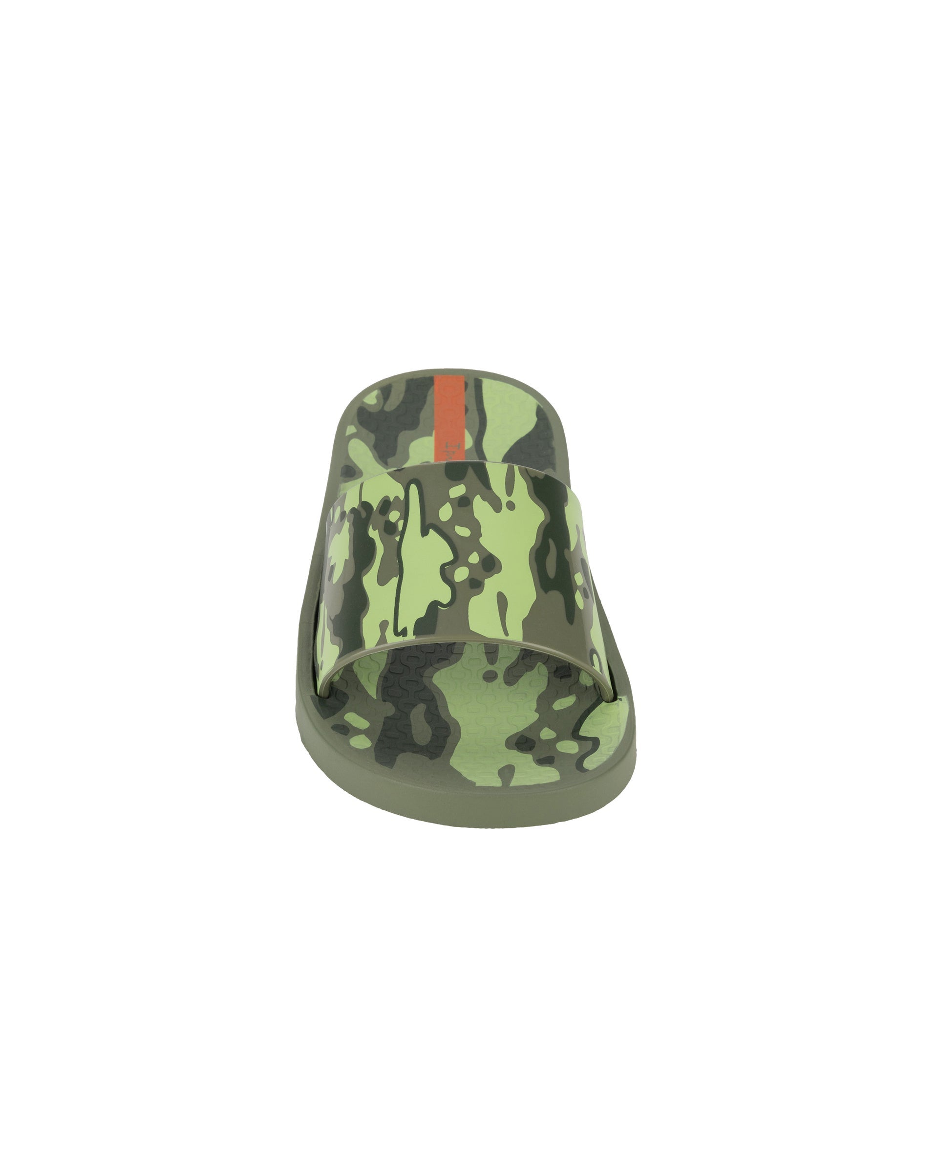 Front side view of a green Ipanema Urban kids slide with a camo print on the upper.
