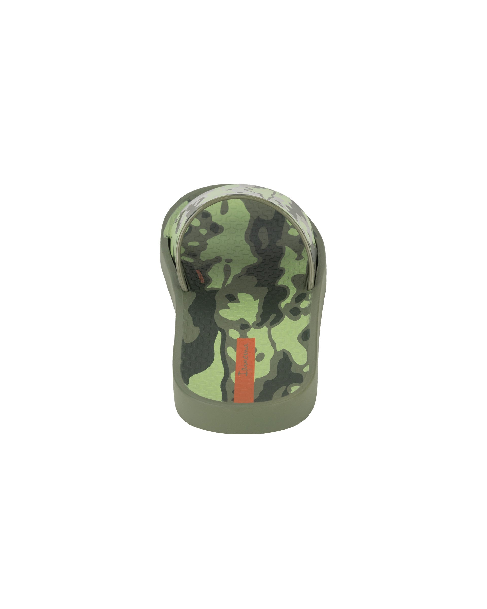 Back side view of a green Ipanema Urban kids slide with a camo print on the upper.