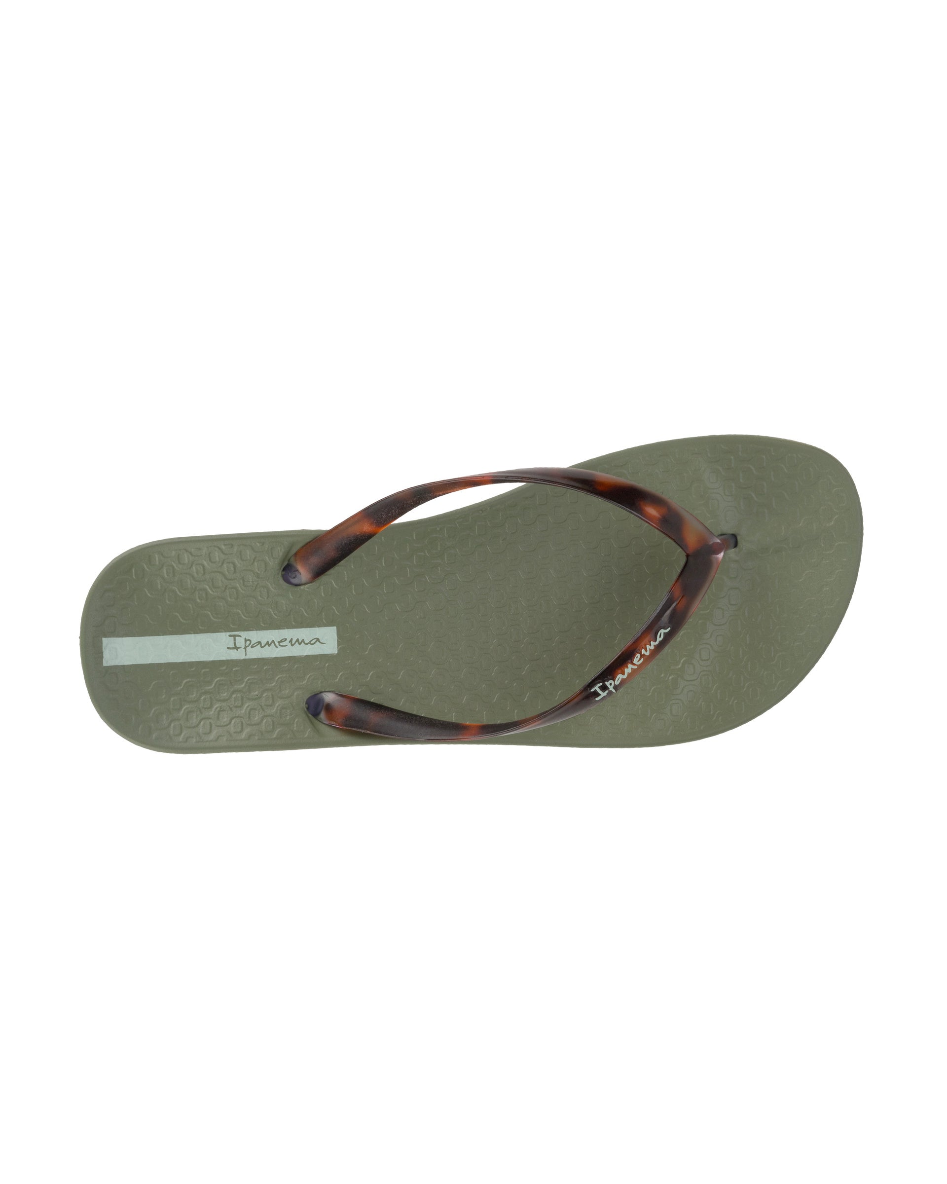 Top view of a green Ipanema Ana Connect women's flip flop with brown tortoiseshell  color strap.