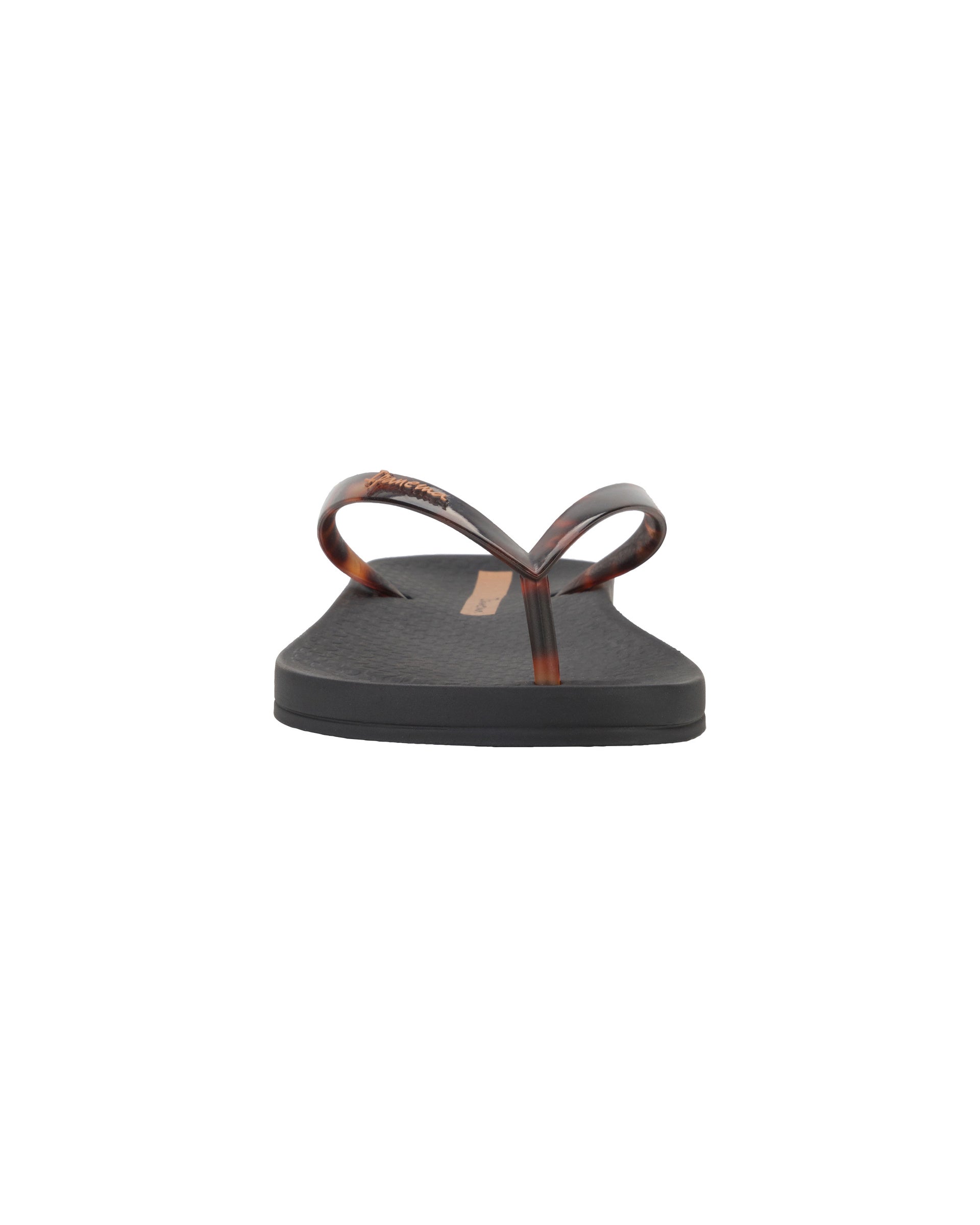 Front view of a black Ipanema Ana Connect women's flip flop with brown tortoiseshell  color strap.