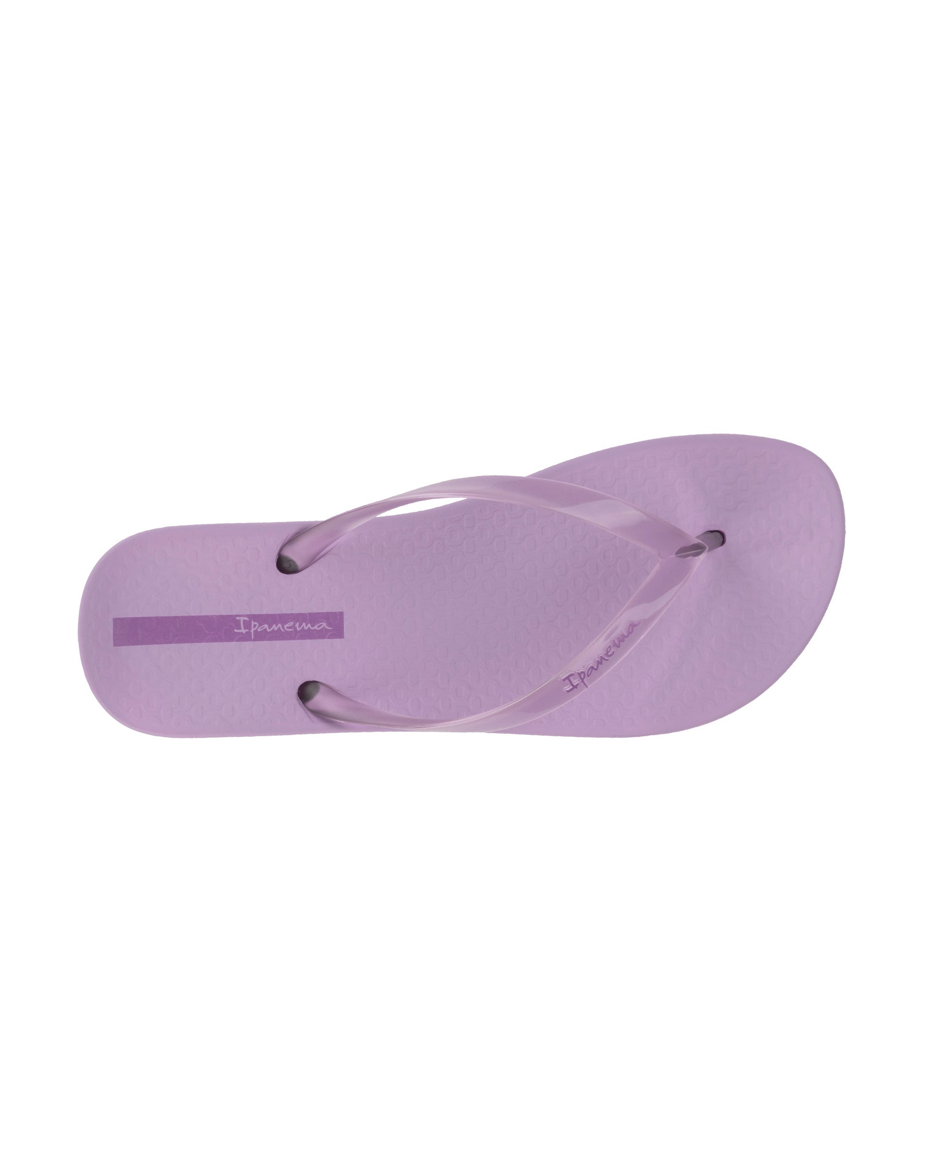 Top view of a purple Ipanema Ana Connect women's flip flop with a clear purple strap.