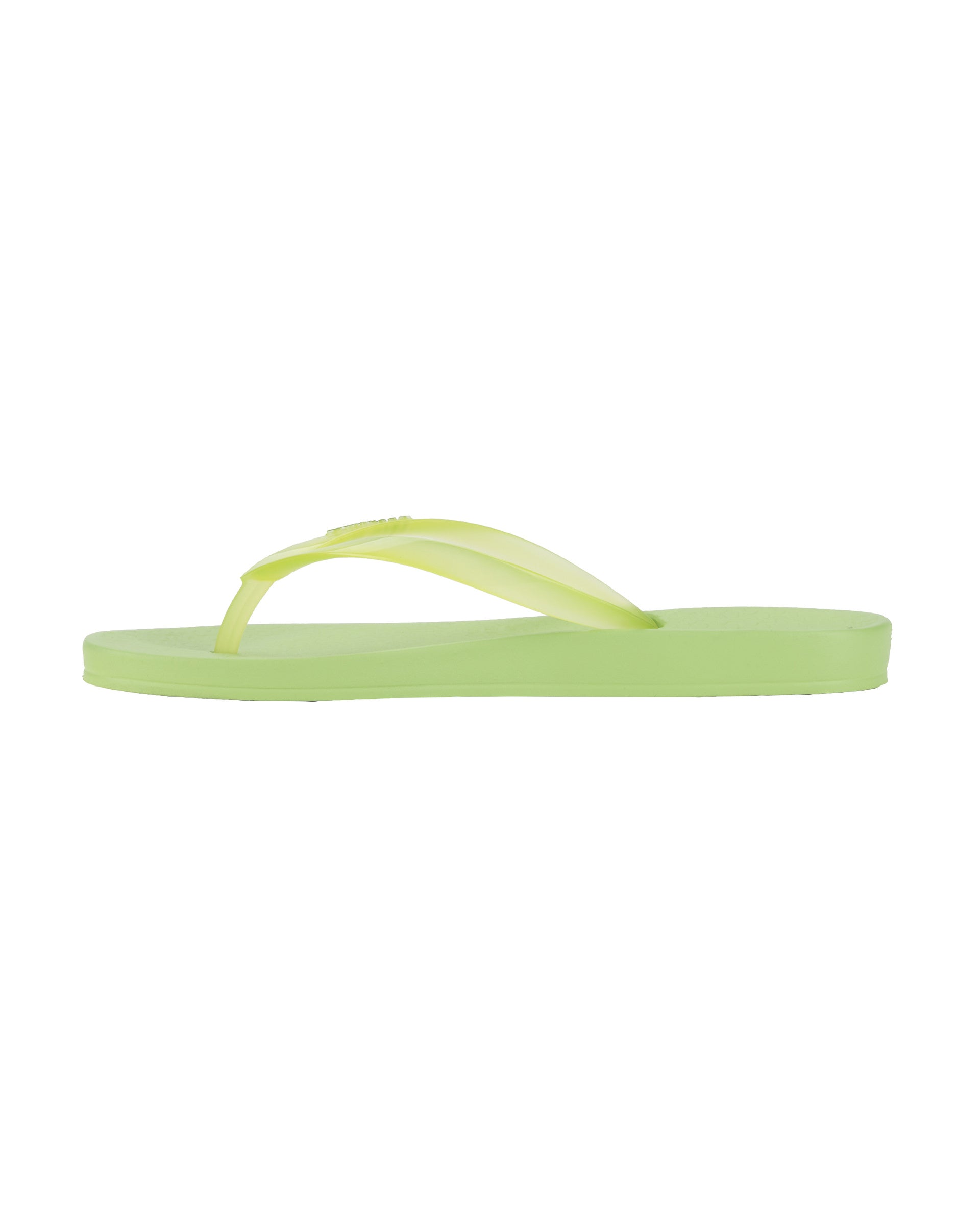 Inner side view of a green Ipanema Ana Connect women's flip flop with a clear green strap.