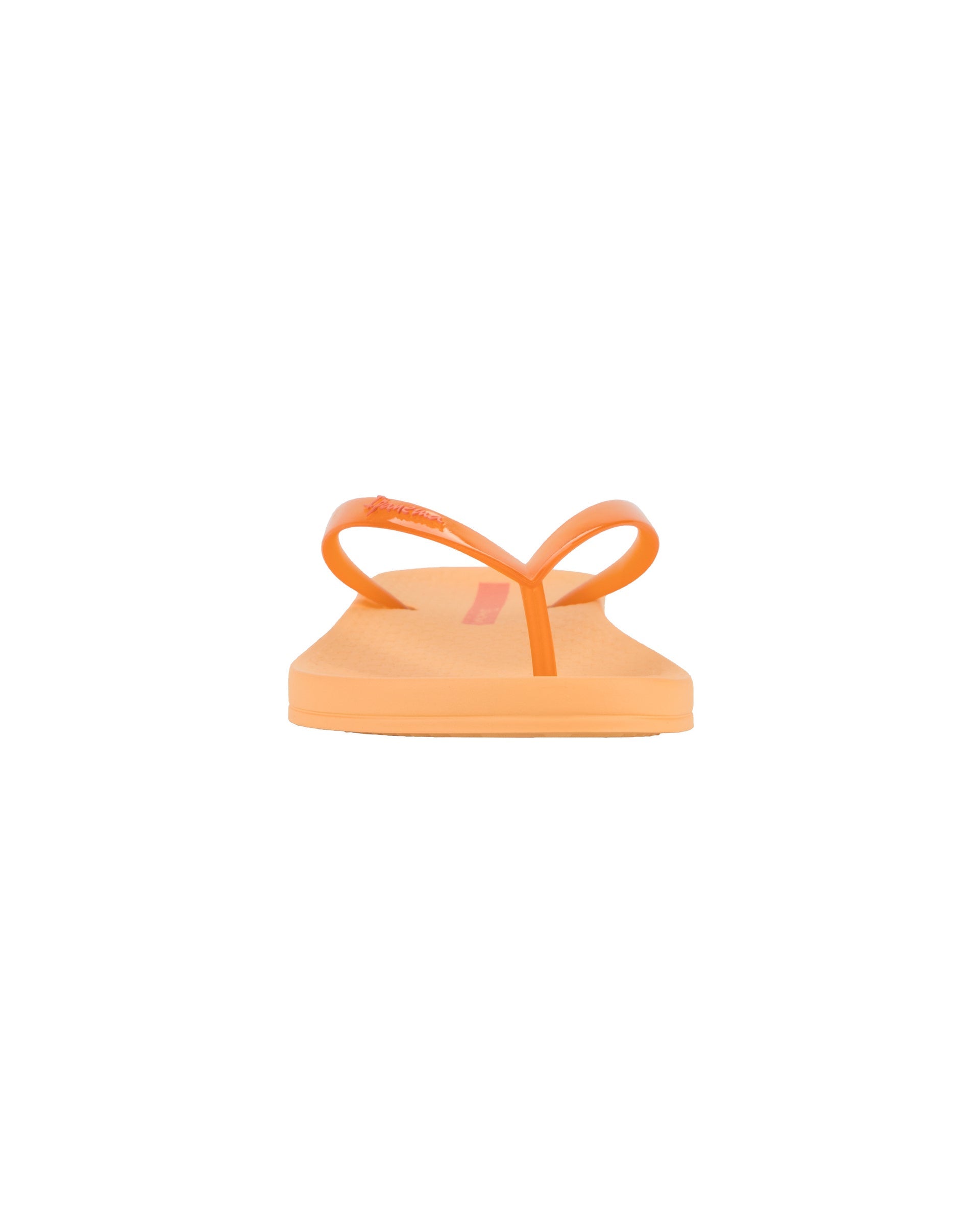 Front view of a orange Ipanema Ana Connect women's flip flop with a clear orange strap.