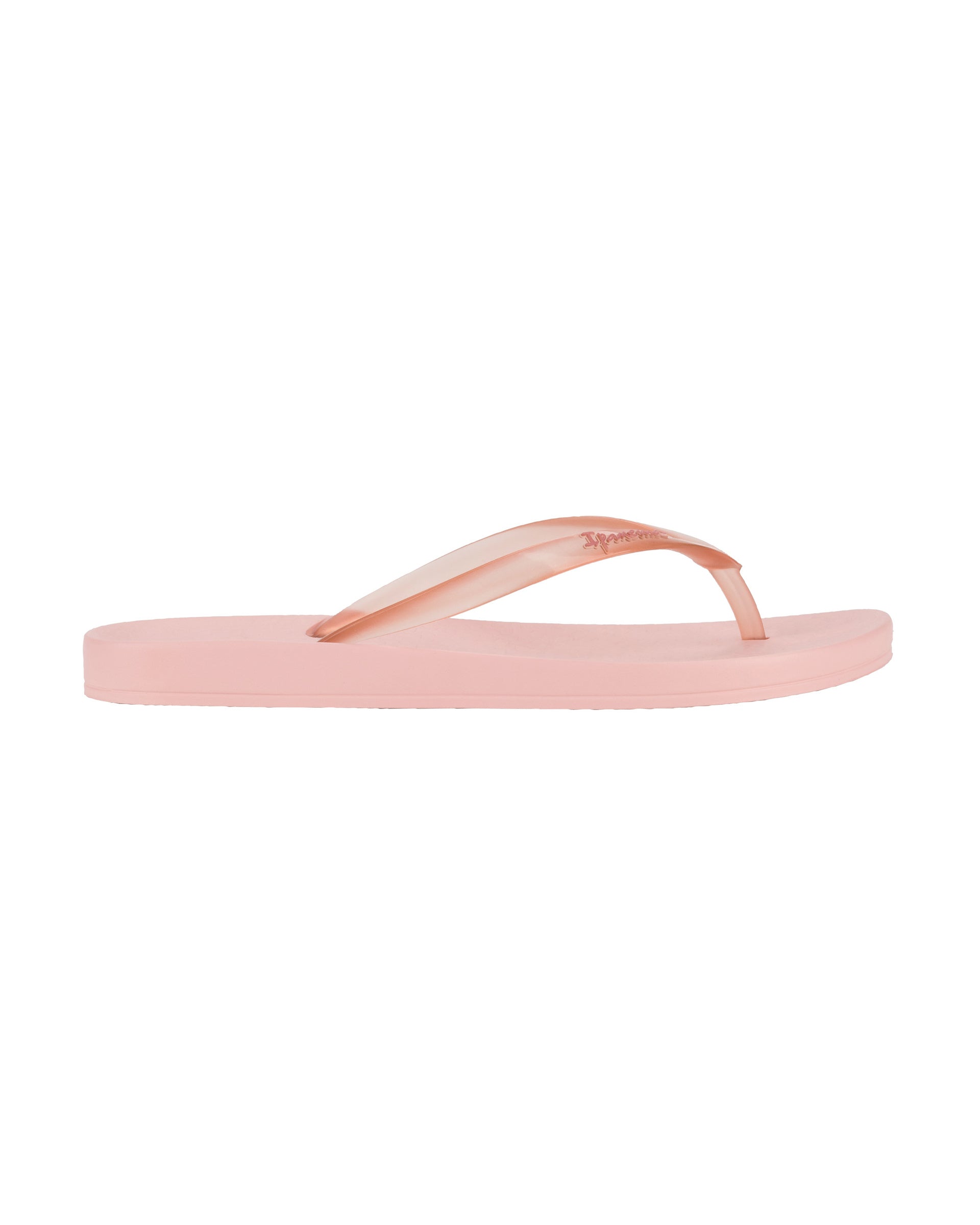 Outer side view of a pink Ipanema Ana Connect women's flip flop with a clear pink strap.