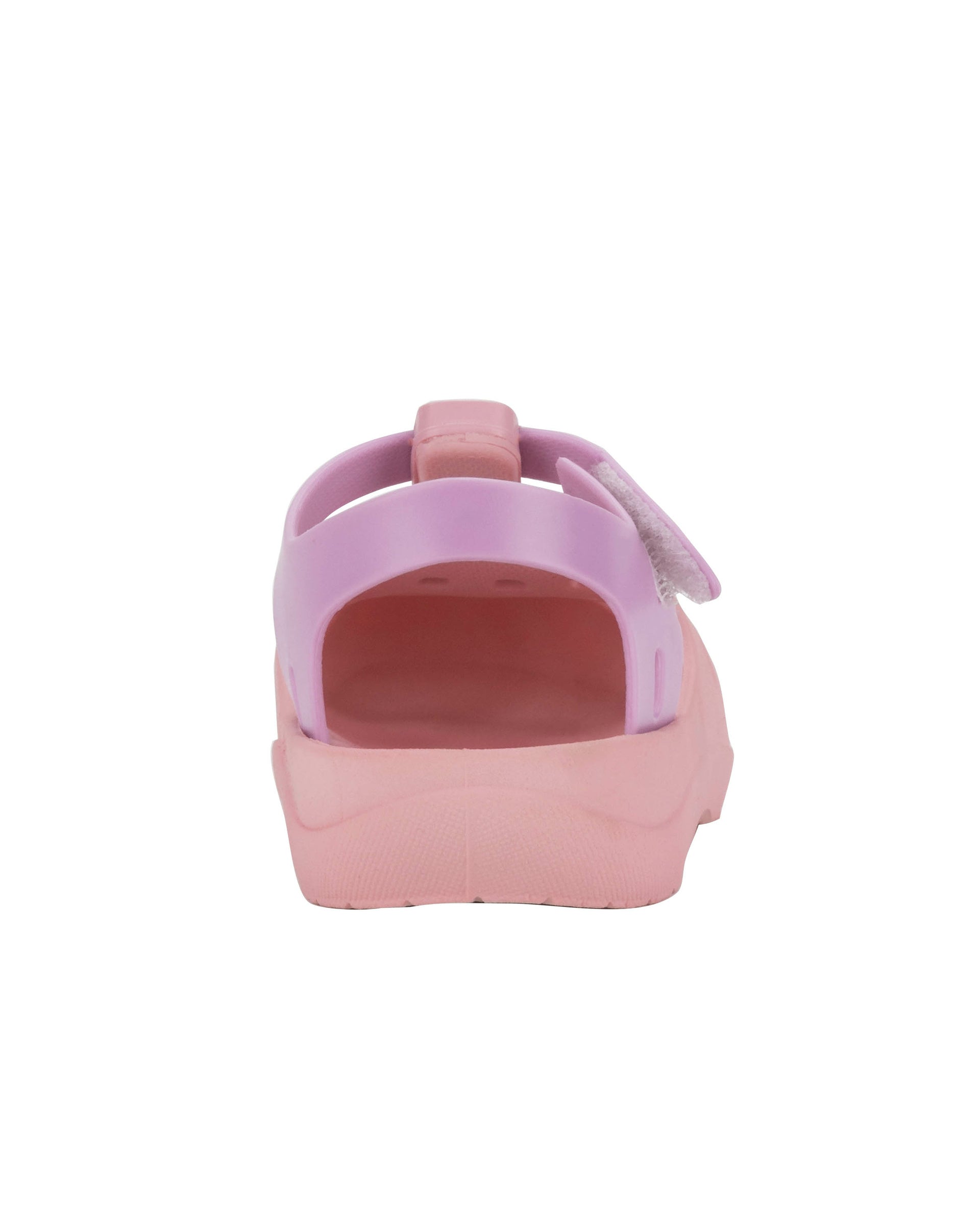 Back view of a pink Ipanema Summer baby sandal with hot air balloon on the upper.