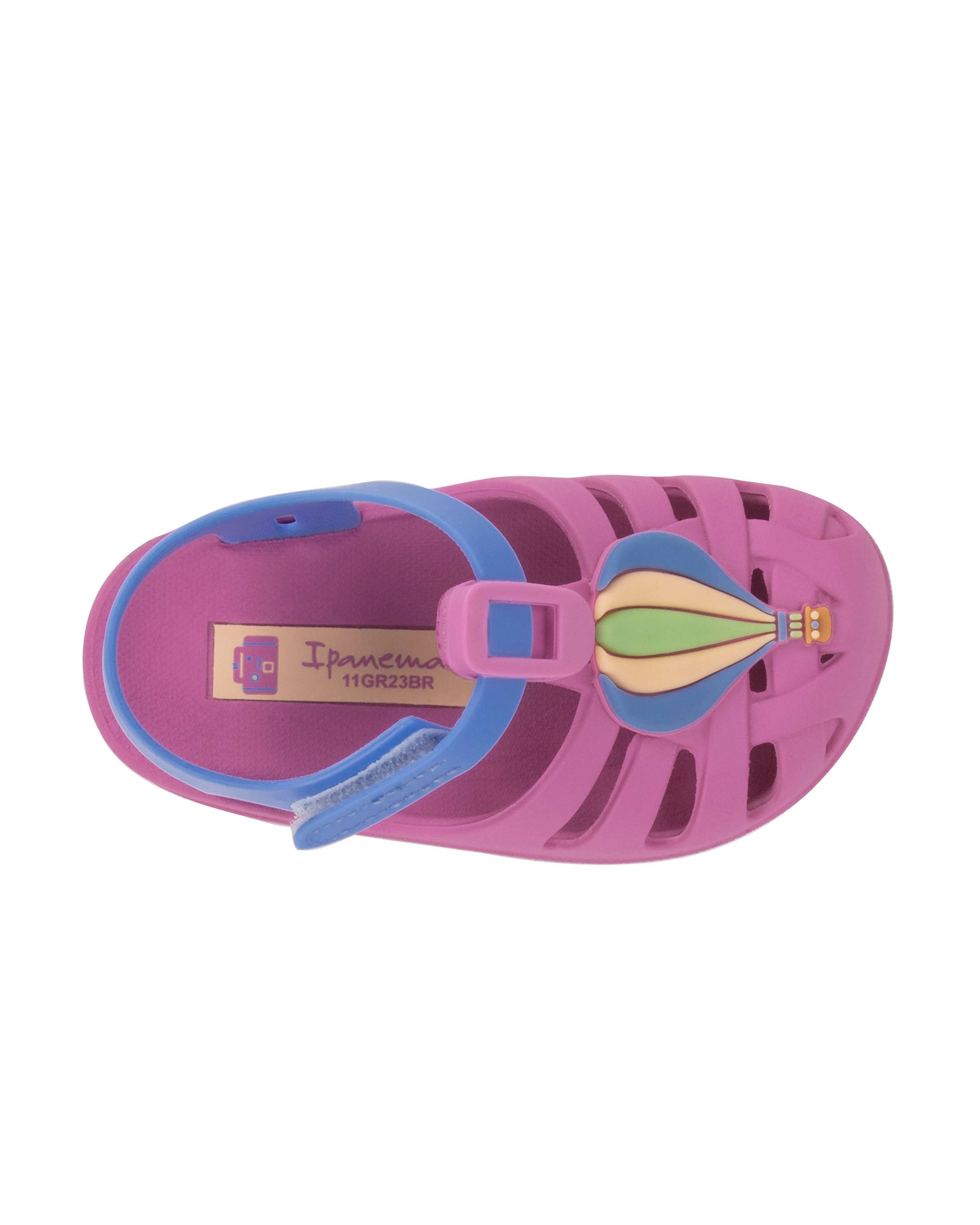 Top view of a purple Ipanema Summer baby sandal with hot air balloon on the upper.