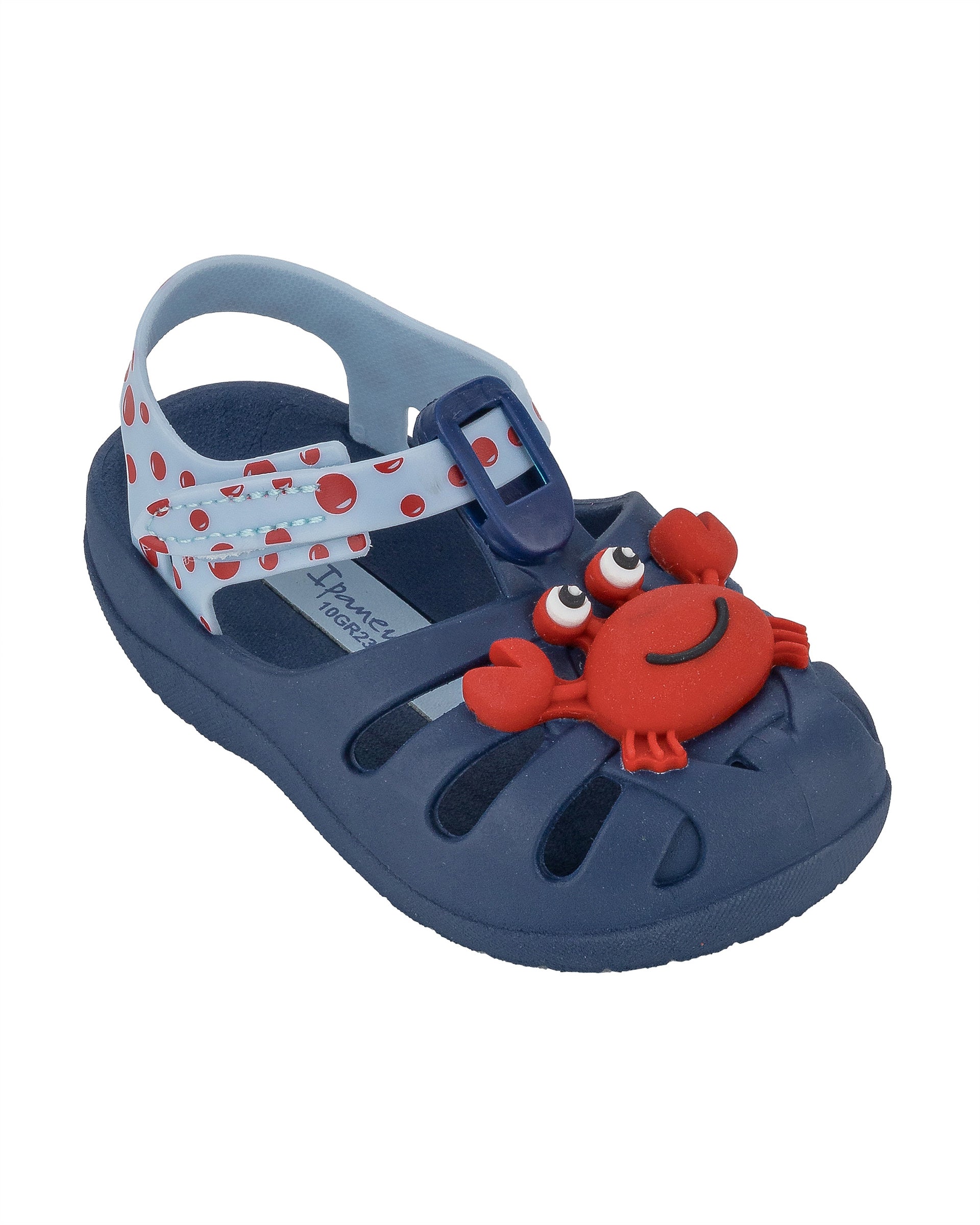 Angled view of a blue/light blue Ipanema Summer baby fisherman sandal with red crab on the upper.