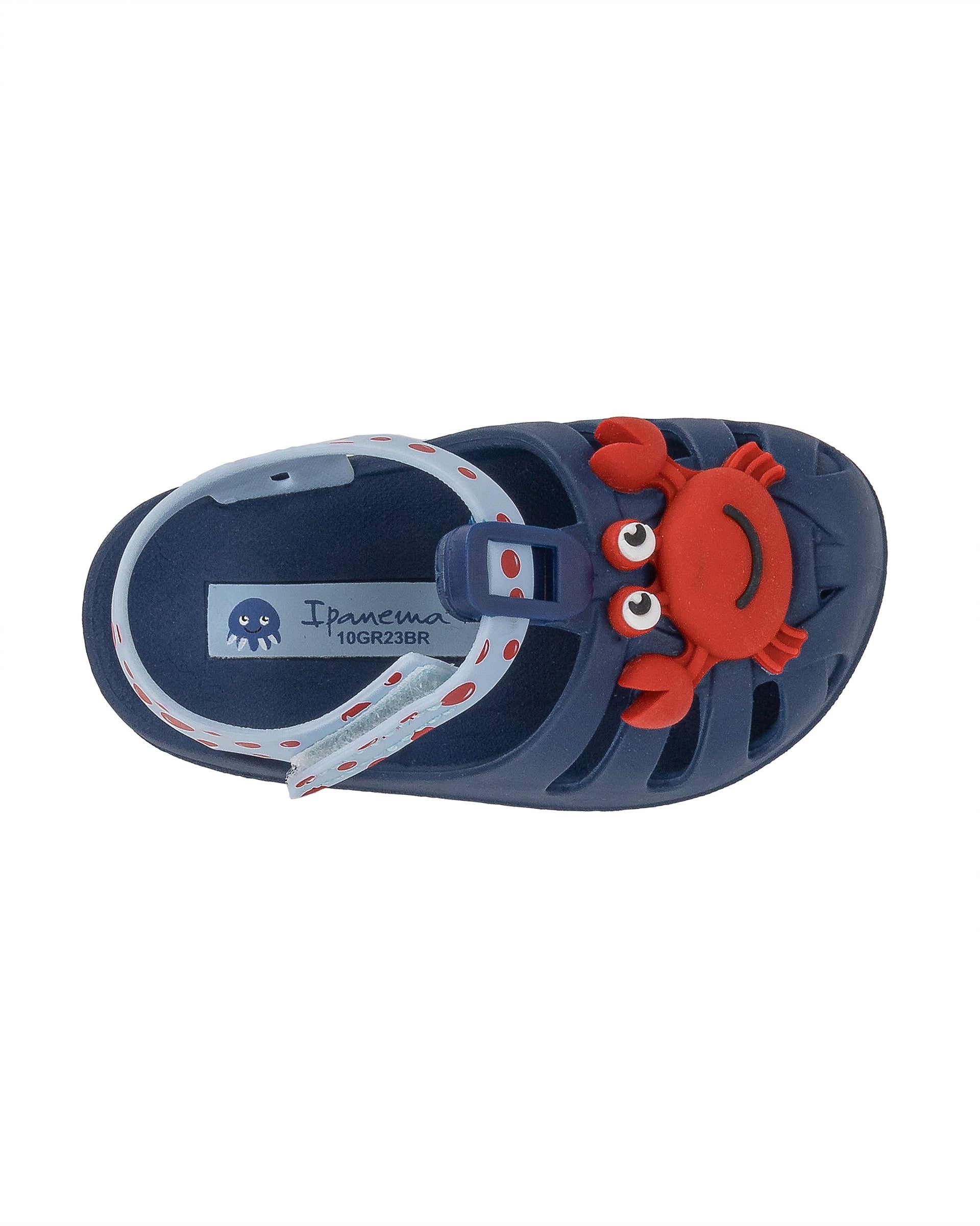 Top view of a blue/light blue Ipanema Summer baby fisherman sandal with red crab on the upper.