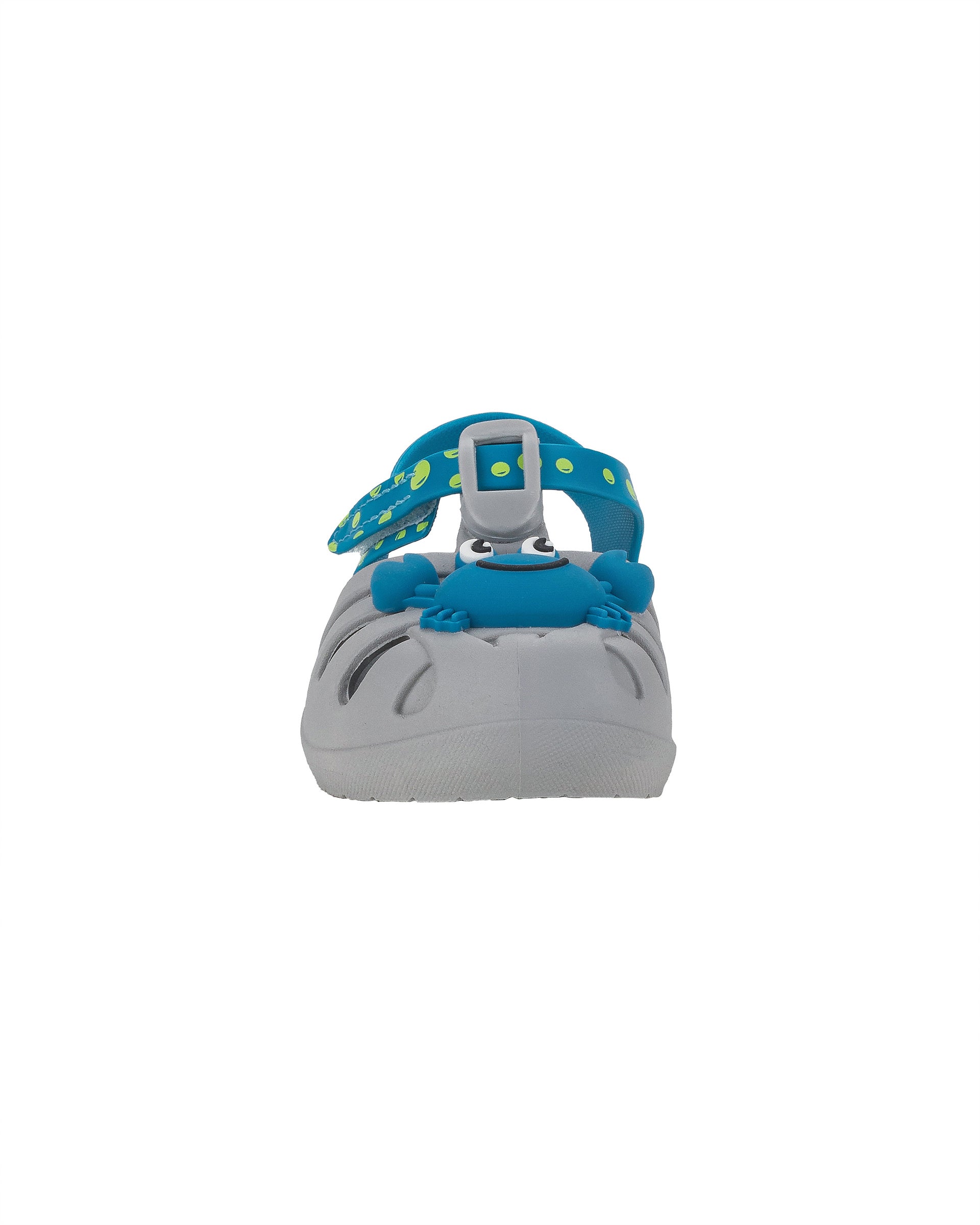 Front view of a grey and blue Ipanema Summer baby fisherman sandal with blue crab on upper and green bubbles on a blue strap.