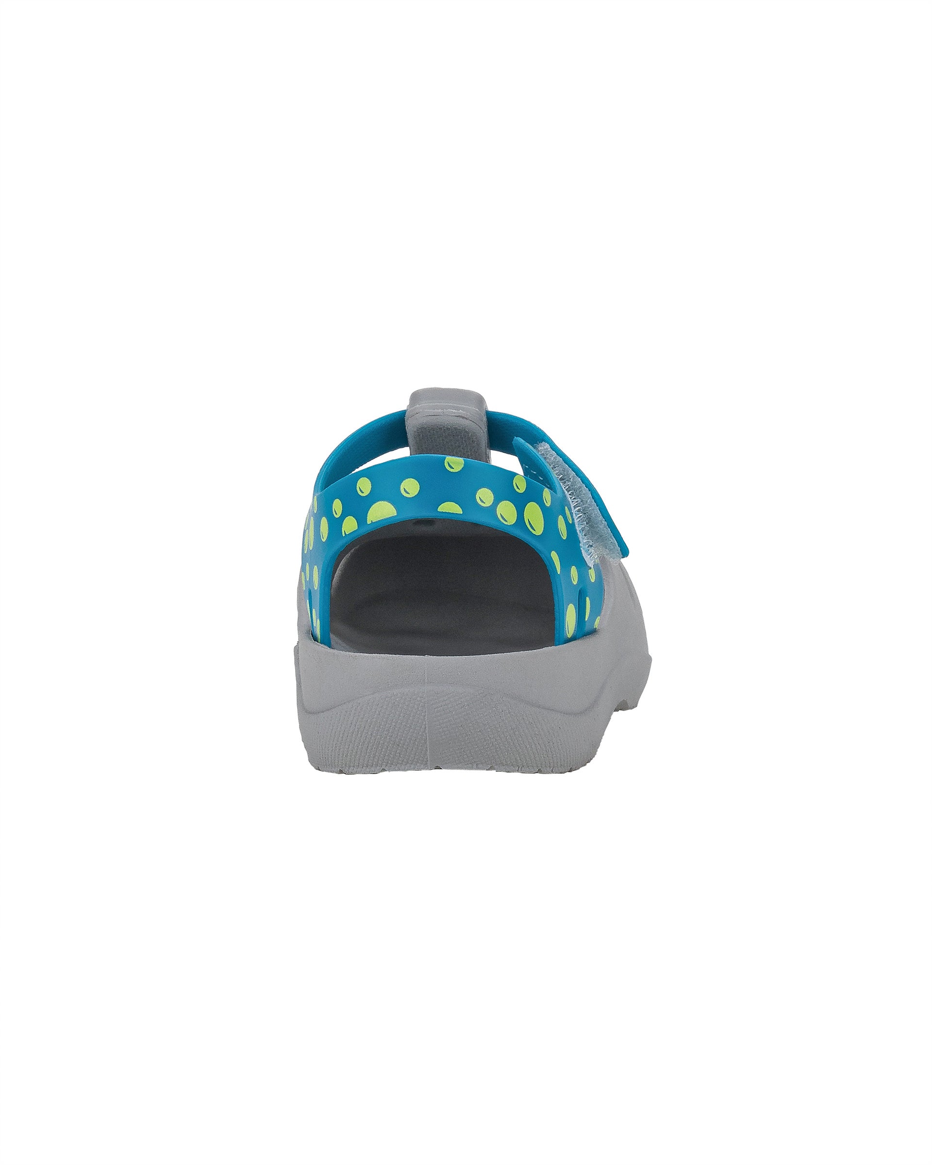 Back view of a grey and blue Ipanema Summer baby fisherman sandal with blue crab on upper and green bubbles on a blue strap.